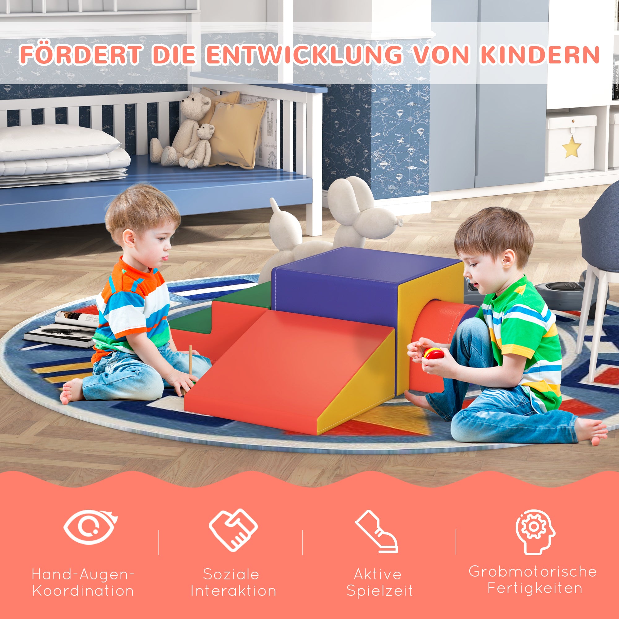 HOMCOM 4er Softbaustein-Set zum Klettern und Rutschen, Kunstlederbezug, für Kinder im Alter von 1-3 Jahren, Mehrfarbig