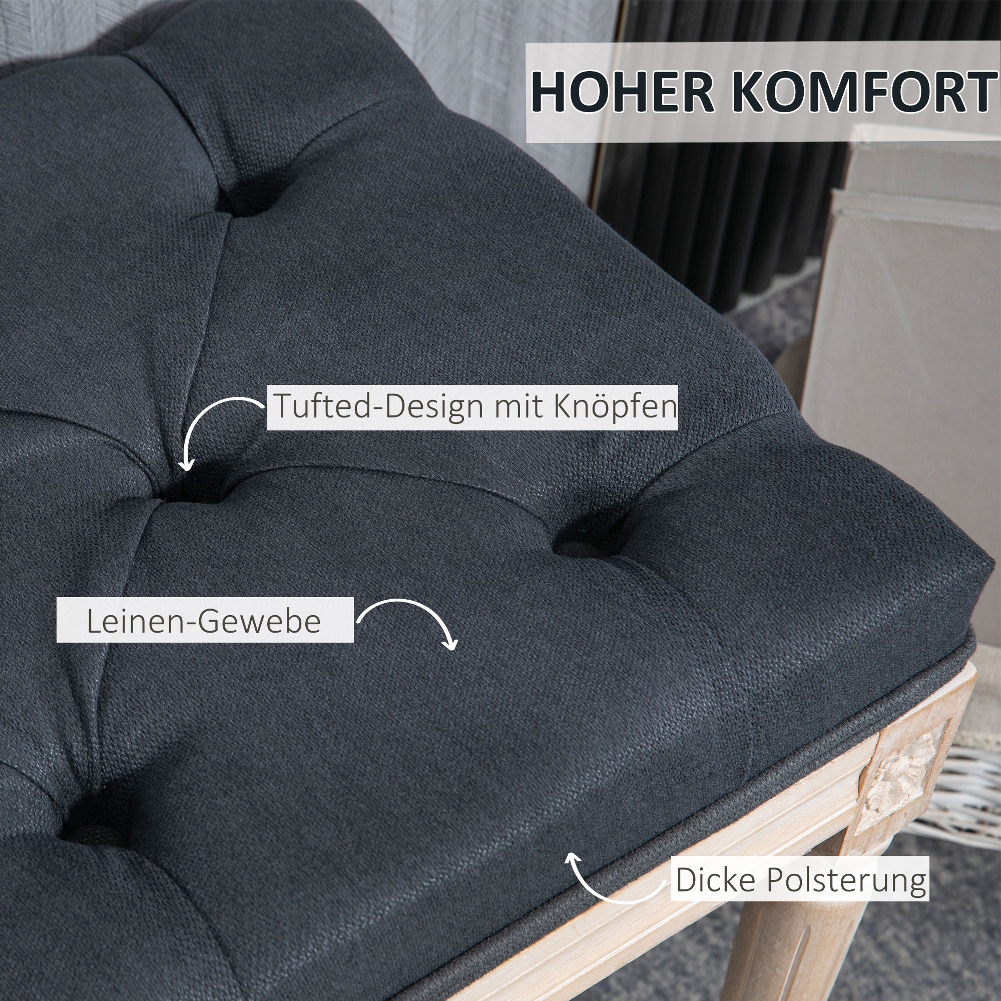 HOMCOM Sitzbank Vintagedesign Vintagebank, Knopfheftung, gedrechselte Beine, Shabby Chic, Dunkelgrau