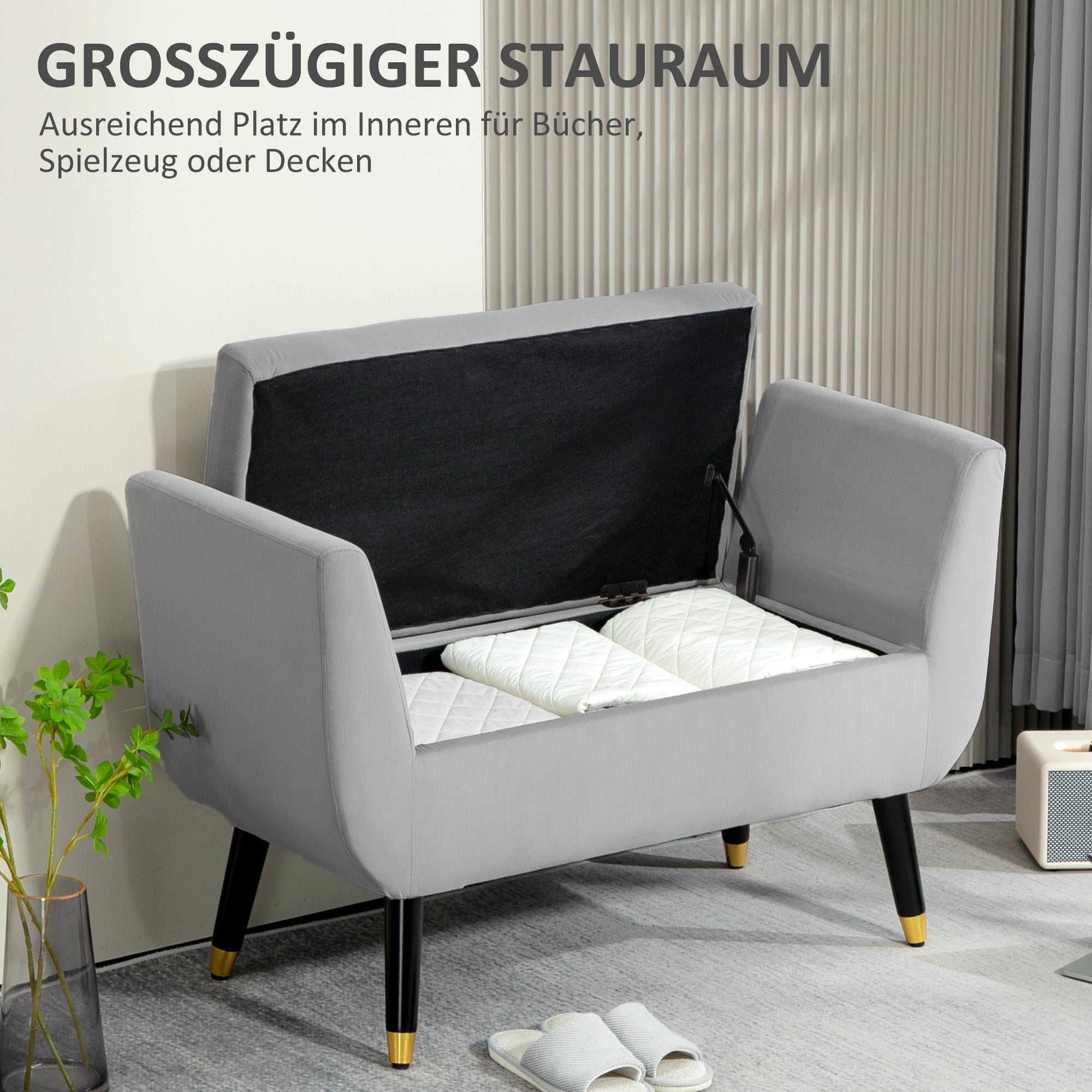 HOMCOM Sitzbank mit Stauraum und Armlehnen, Truhenbank, samtartiges Polyester, Kautschukholz, Hellgrau, 107 x 42 x 65 cm