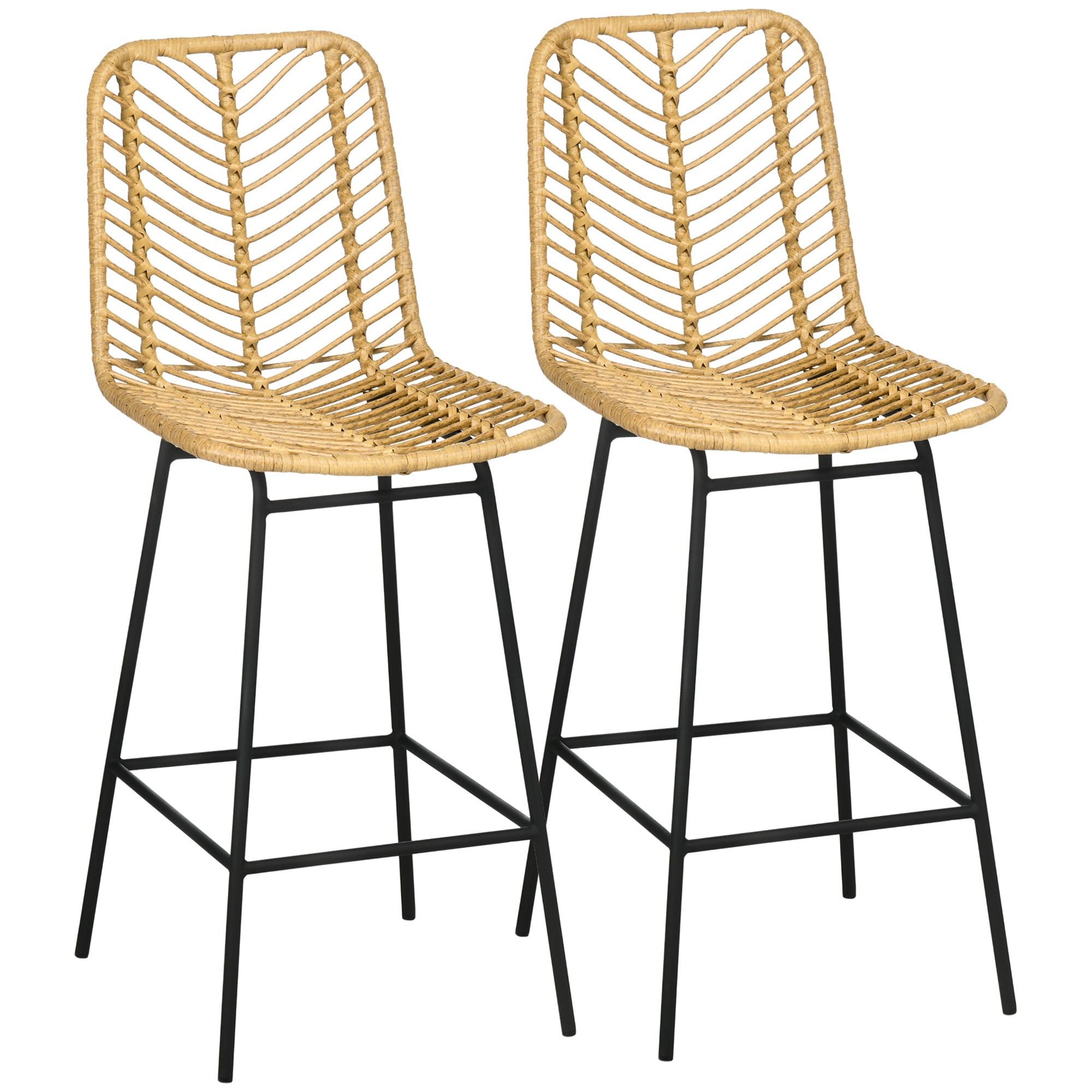 HOMCOM 2er Set Barhocker mit Lehne Barstühle im Boho-Design, PE-Rattan, inkl. Fußtstütze, 42,5 cm x 52 cm x 102 cm, Gelb + Schwarz