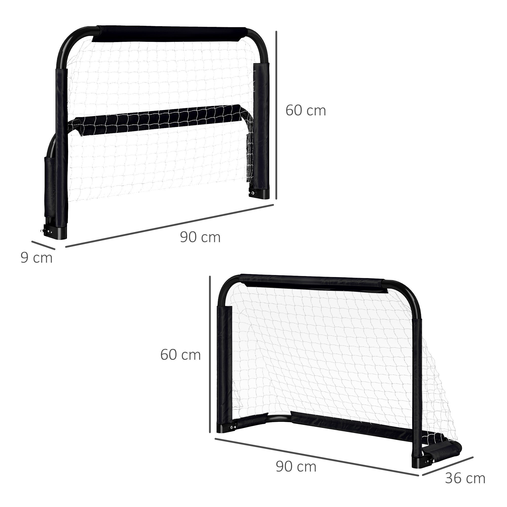 HOMCOM Fußballtor-Set, 2 klappbare Minitore, Metallrahmen, inkl. Werkzeug, 90 x 36 x 60 cm, Schwarz