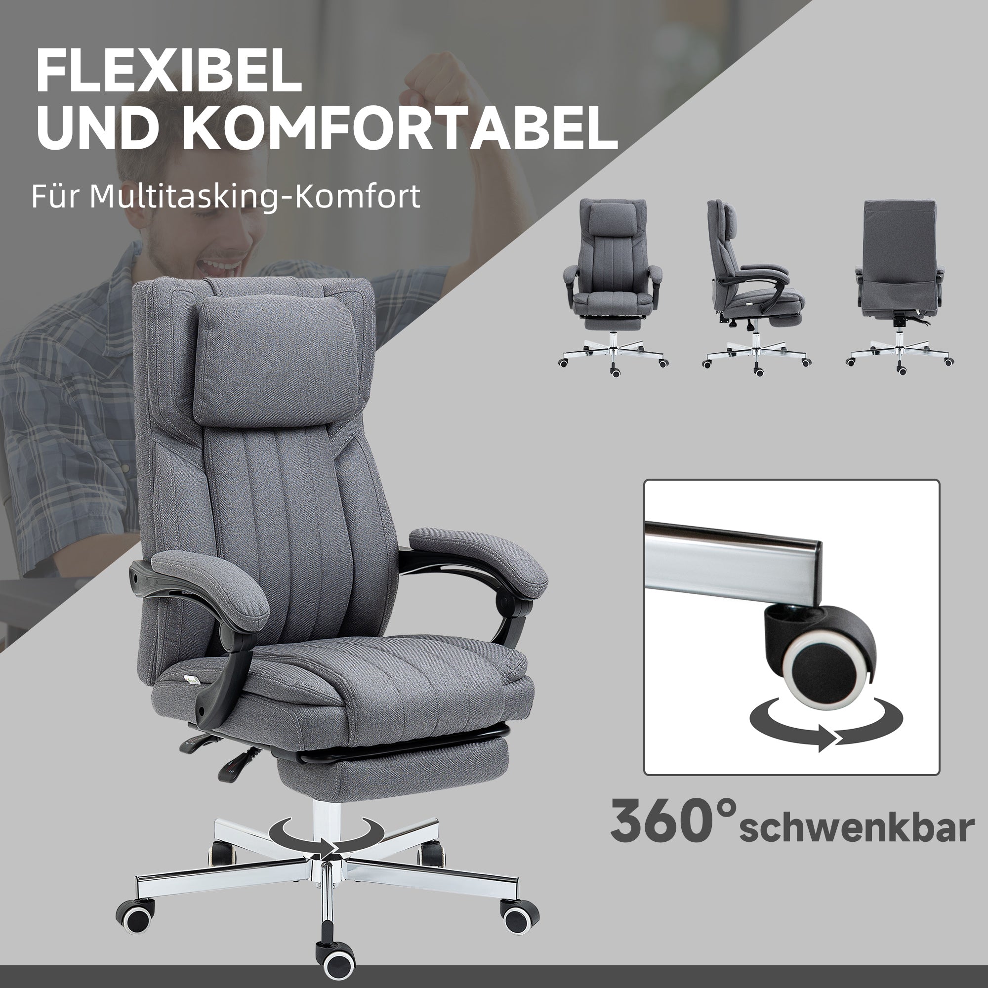 Vinsetto Bürostuhl mit Massagefunktion, neigbare Rücklehne, ausziehbare Fußstütze, Leinenoptik, grau, 65 x 61 x 113 cm