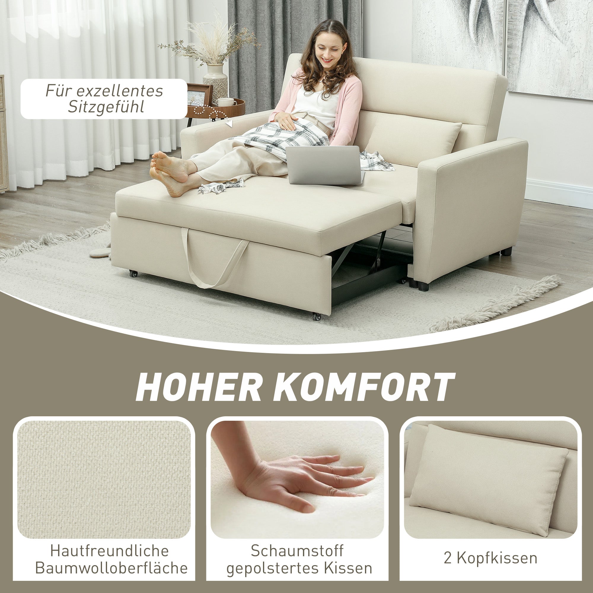 HOMCOM 2-Sitzer Sofa mit Bettfunktion, Verstellbarer Rückenlehne, Polstersofa, Samtoptik, für Wohnzimmer, Schlafzimmer, Beige