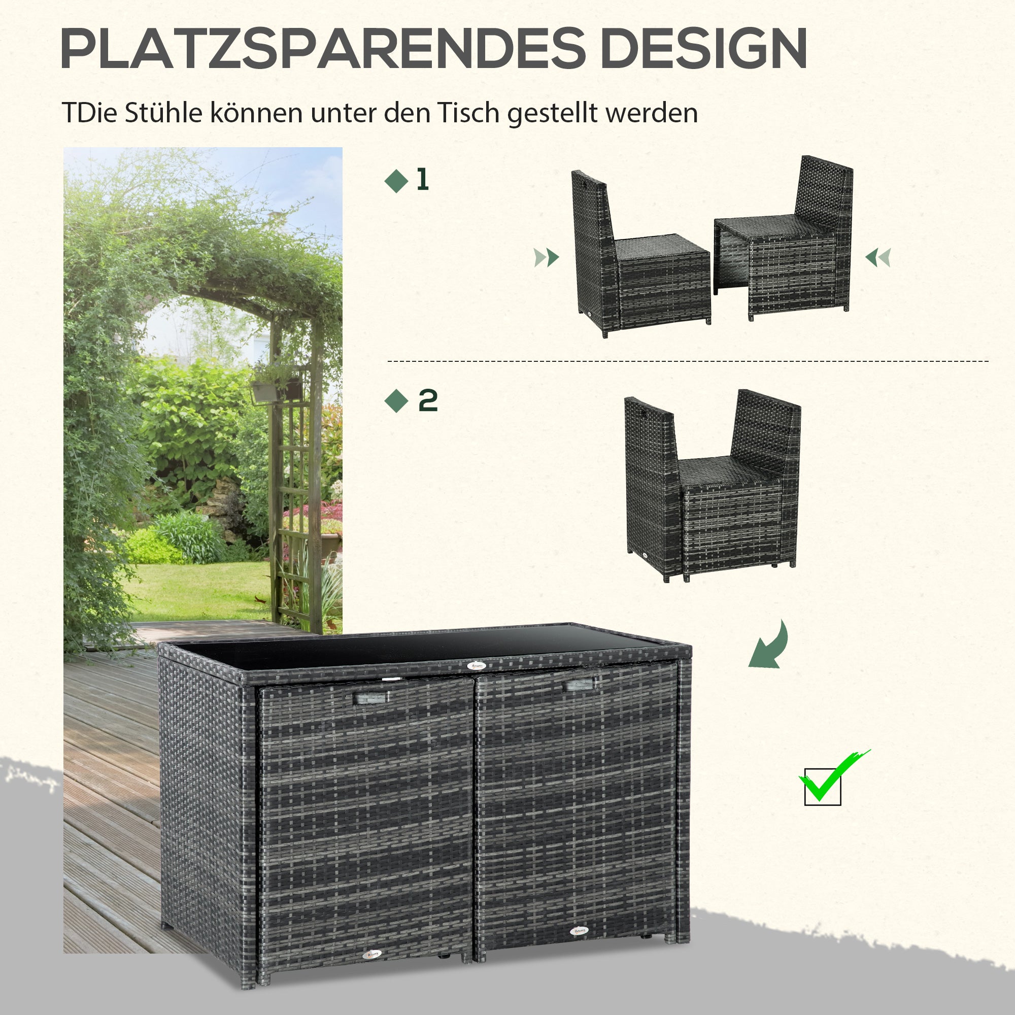 Outsunny Gartenmöbelset für 4 Personen, 4 Stühle & 1 Tisch, inkl. Sitzauflagen, Polyrattan, rostfreier Stahlrahmen, Grau