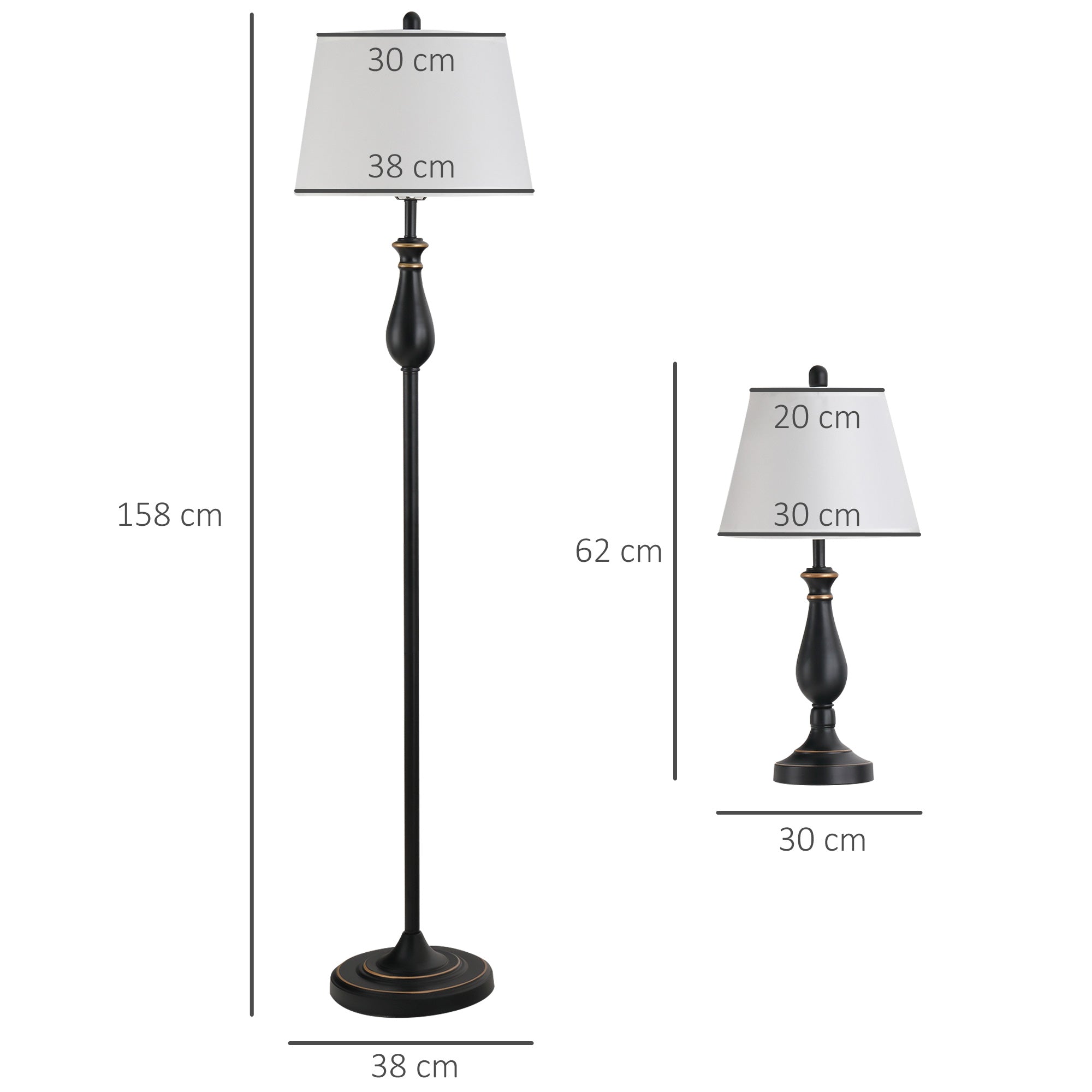 HOMCOM 3er-Lampenset 2 Tischlampe(ø30 x 62H cm) + 1 Stehlampe(ø38 x 158H cm)  Vintage, Schwarz+Weiß, Metall, PS, Polyester, Baumwolle E27 Lampensockel