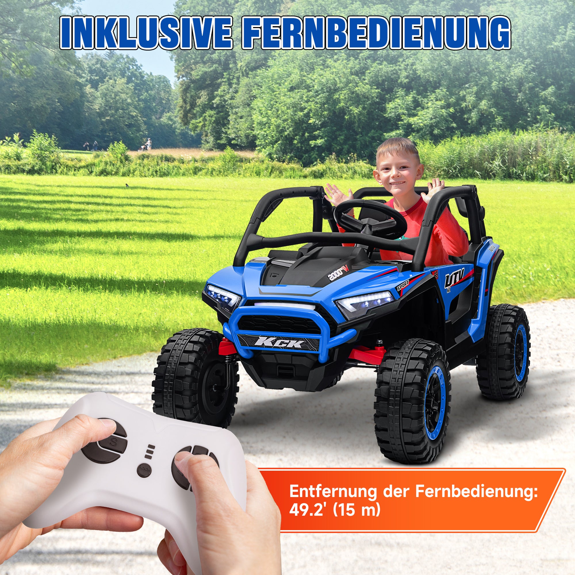 AIYAPLAY Kinderauto Elektro-UTV, 5-7 km/h, 2-Sitzer, Fernbedienung, Musik, Lichter, 1h Fahrtdauer, Blau