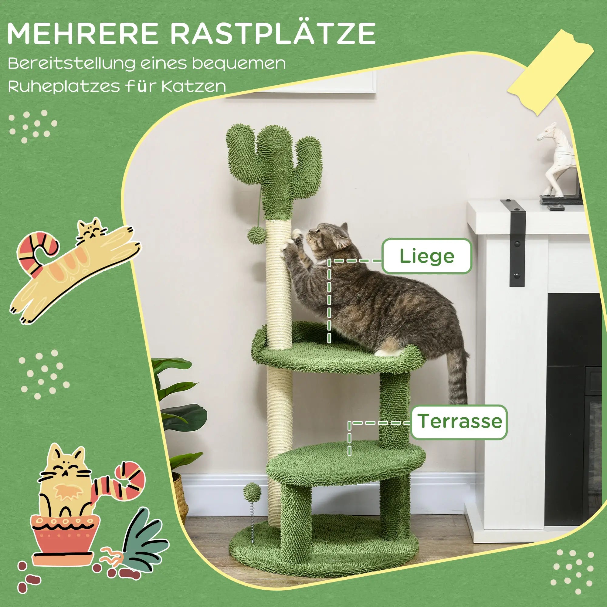 PawHut Kratzbaum Kaktus-Design mit 2 Etagen & Spielball