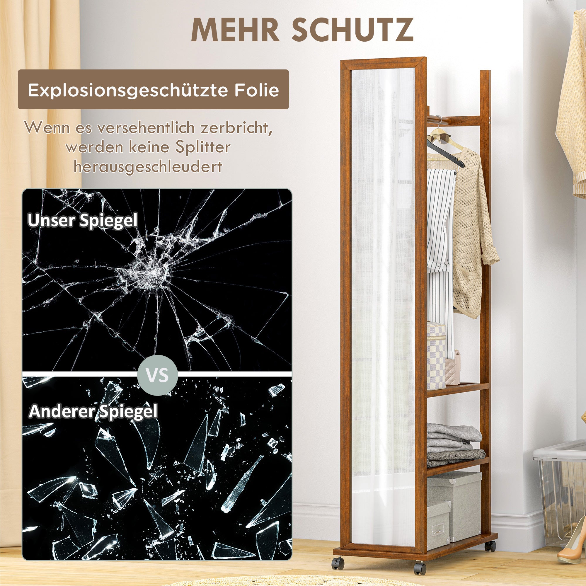 HOMCOM 2-in-1-Spiegel Spiegel Ganzkörperspiegel Garderobe, 1 Kleiderstange, 3 Regale, 35,8 x 59,8 x 170 cm, Natur