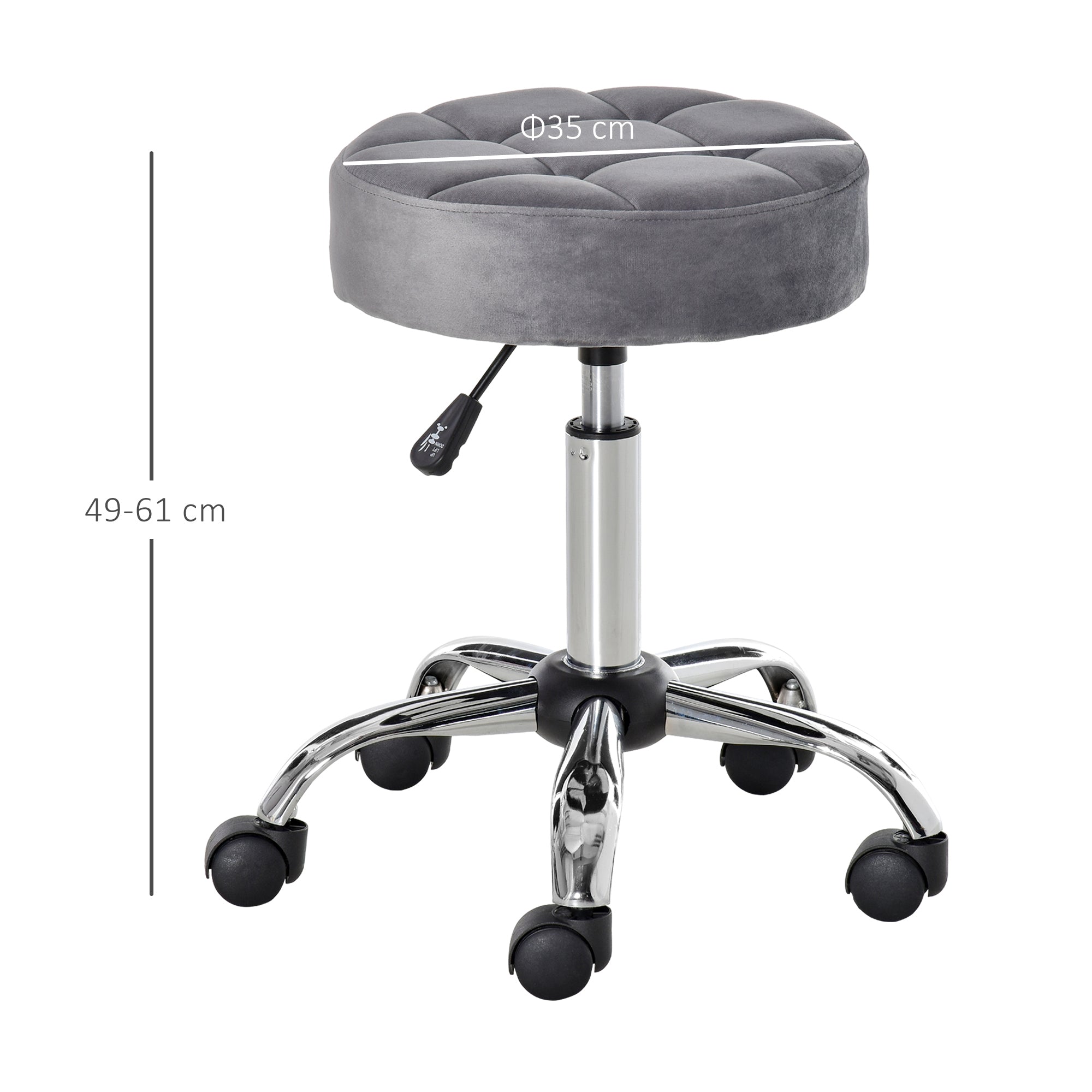 HOMCOM Salonstuhl mit Rädern Rollhocker höhenverstellbar drehbar Salon Hocker Samt-Touch Schaumstoff Chrom-Basis Hellgrau 35 x 35 x 49-61 cm