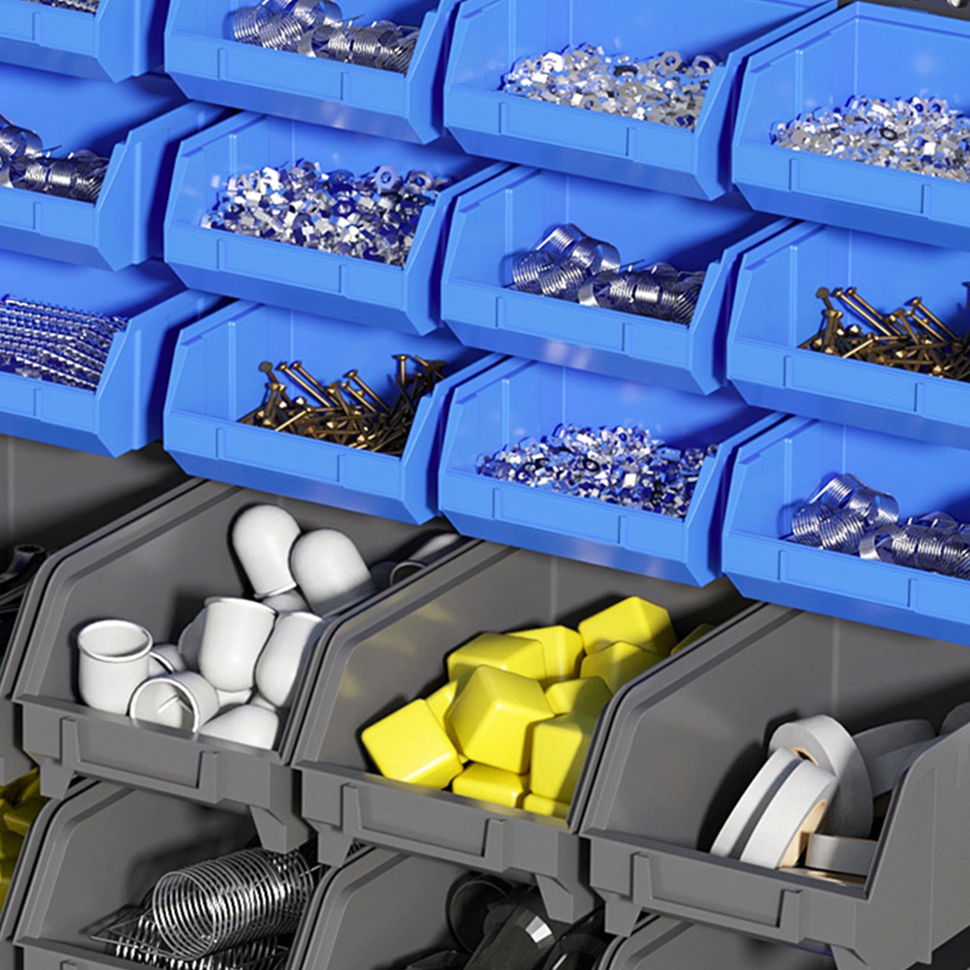 DURHAND Schüttenregal, Werkstattmagazin, 30 Boxen in 2 Größen, stapelbar, 63x18x37,5cm, Blau