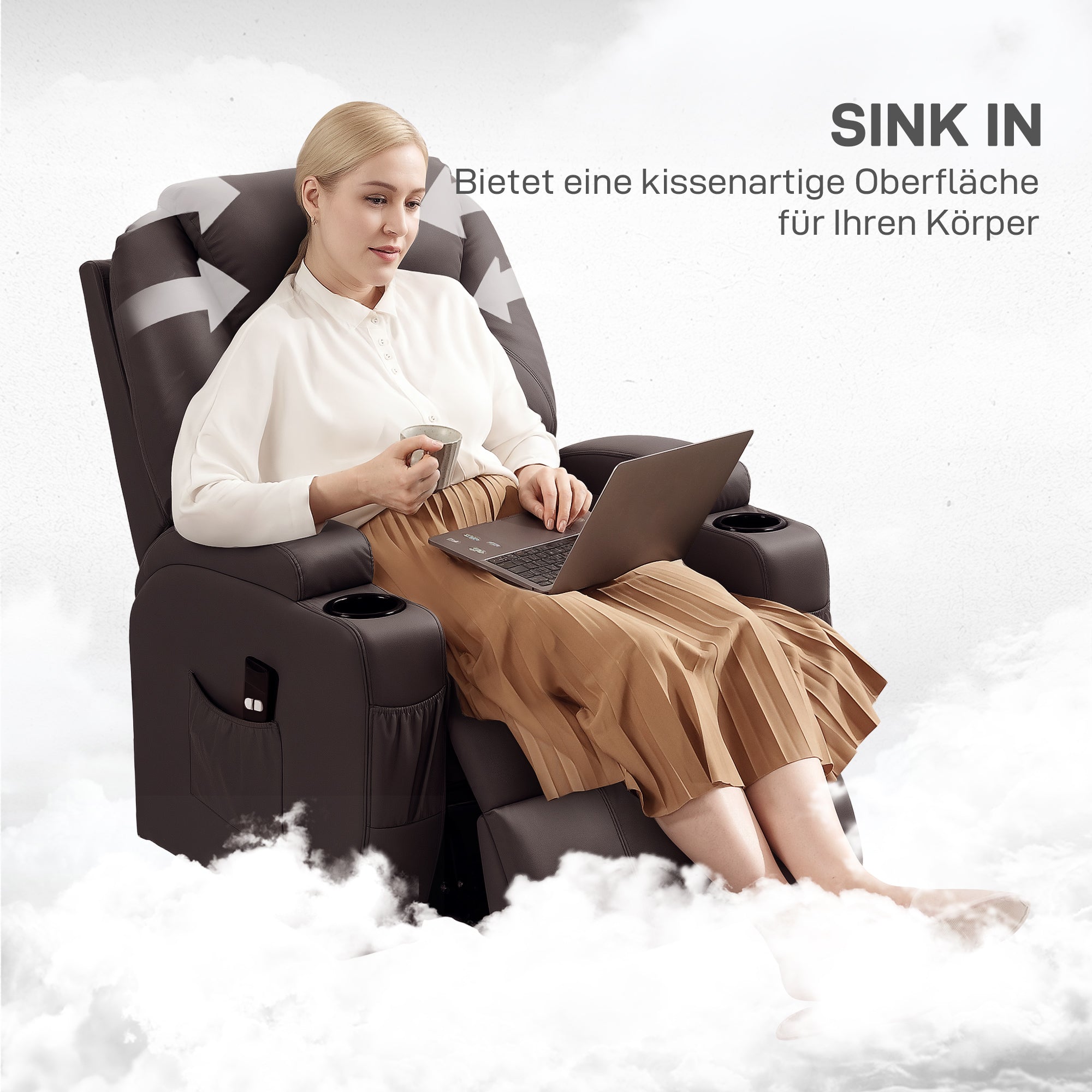 HOMCOM Aufstehsessel, Relaxsessel mit Aufstehhilfe, inkl. Fernbedienung, Becherhalter, verstellbare Rückenlehne, Braun