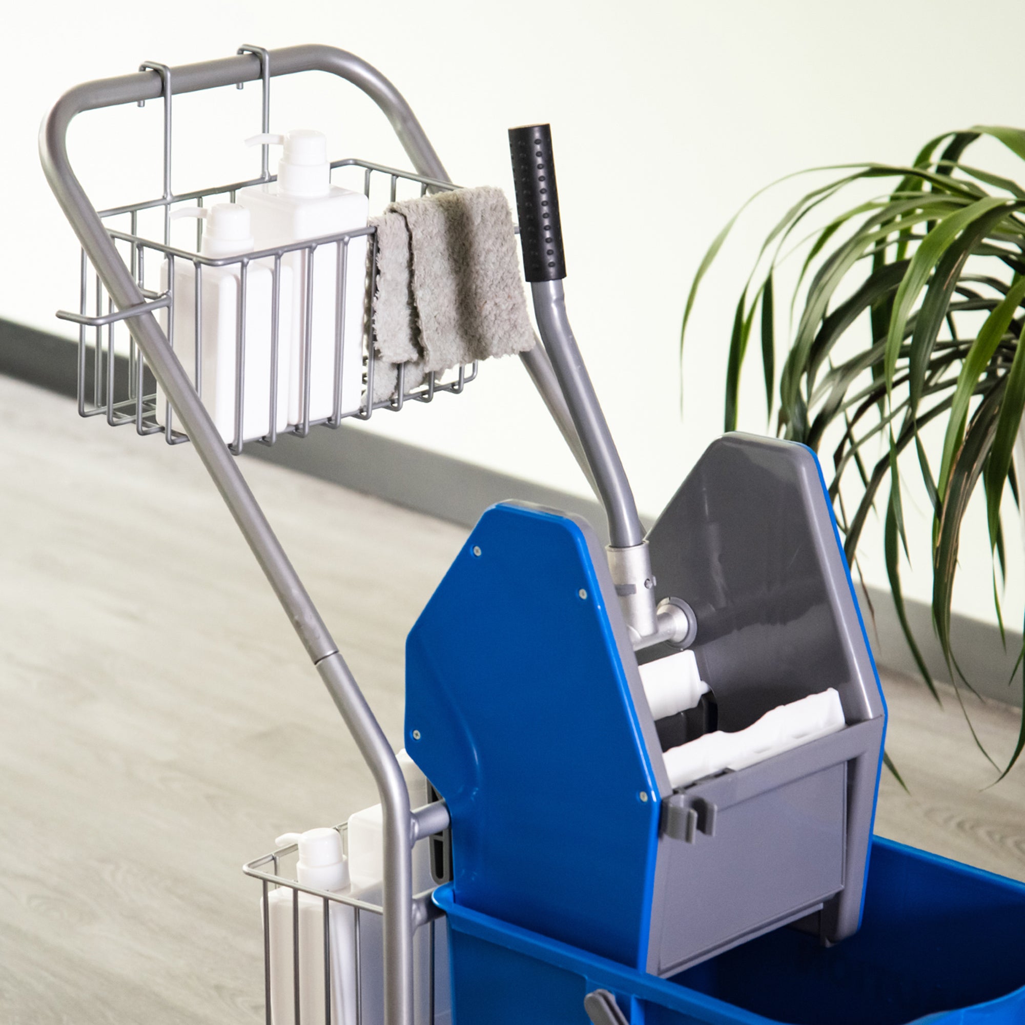 HOMCOM Reinigungseimer, Wischmoppeimer, rollbar, Kunststoff, Metallgriff, Blau