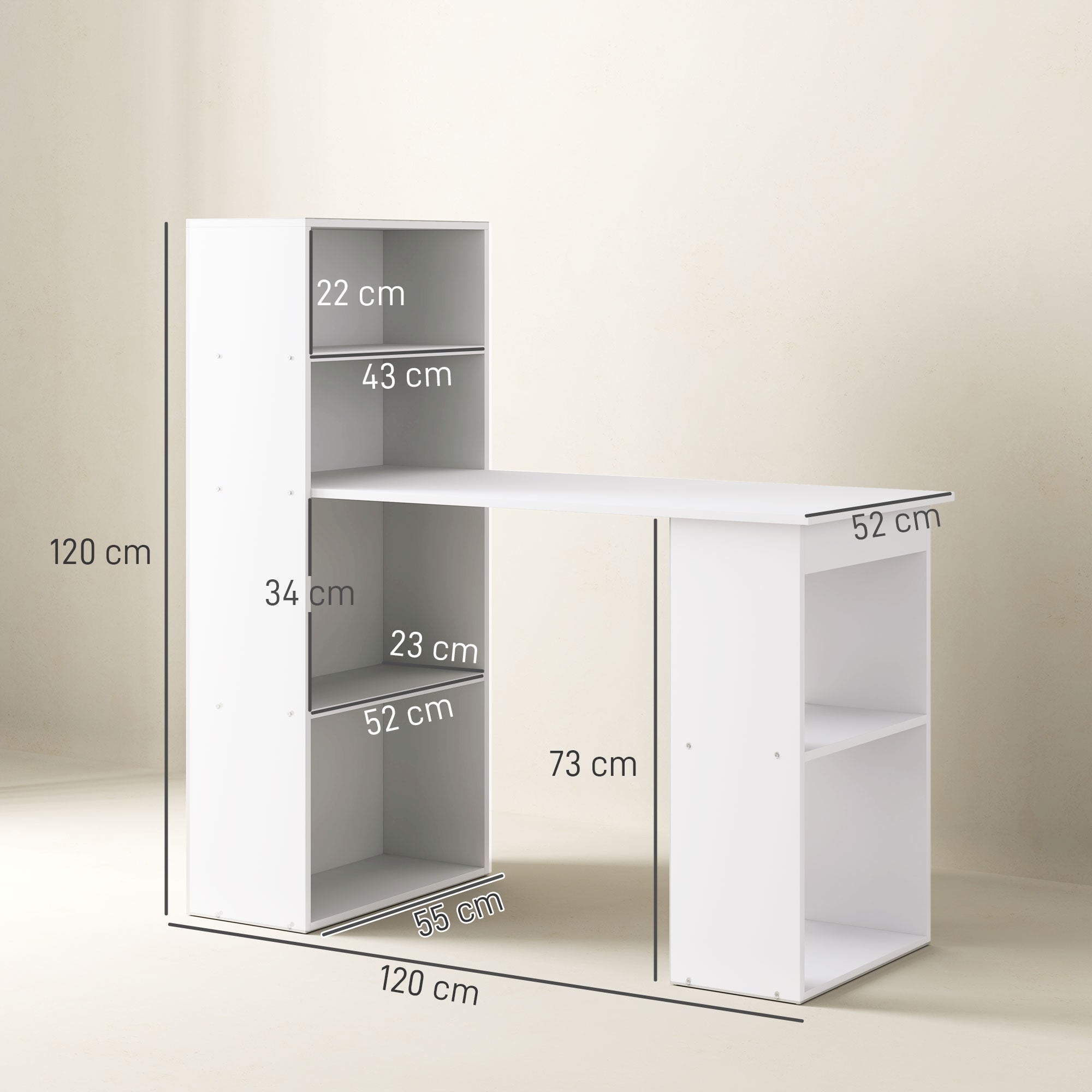 HOMCOM Schreibtisch Bürotisch Computertisch, 2 Regale, 5 Regalböden, 120 cm x 55 cm x 120 cm, Weiß