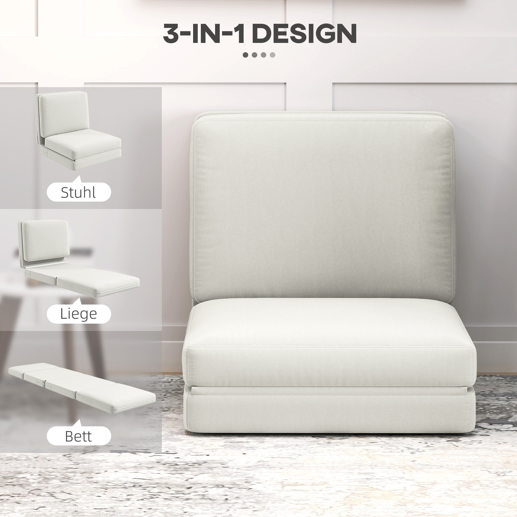 HOMCOM Faltbarer Bodensessel mit Kissen, wandelbares Polstersofa, Wohnzimmer, Gästezimmer, Büro, 75 x 268 x 18 cm, Cremeweiß