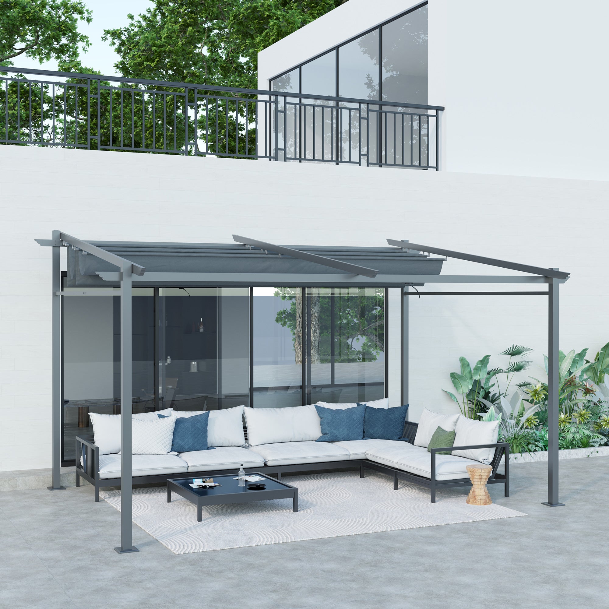 Outsunny Pergola, inklusive Befestigungsmaterial, ausziehbares Dach, 3,97 m x 2,95 m x 2,3 m, Dunkelgrau