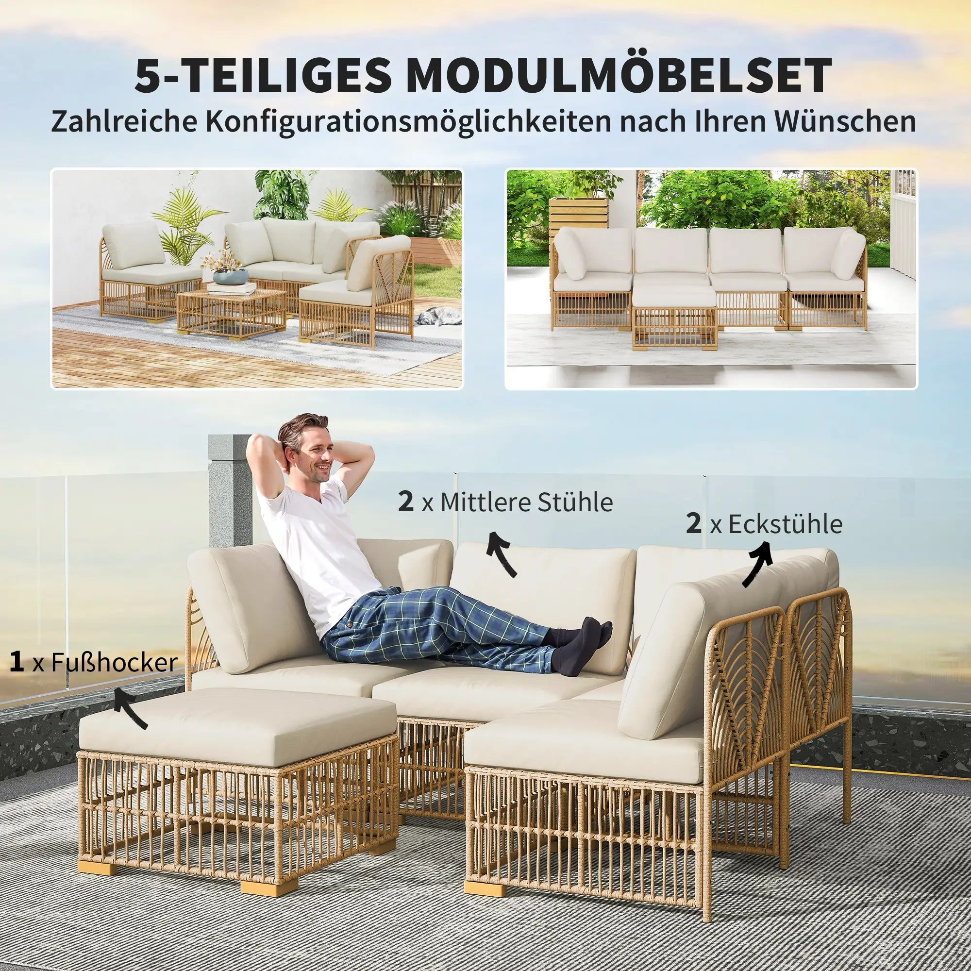 Outsunny Rattan Lounge Set 5-tlg. mit Kissen, wetterfest