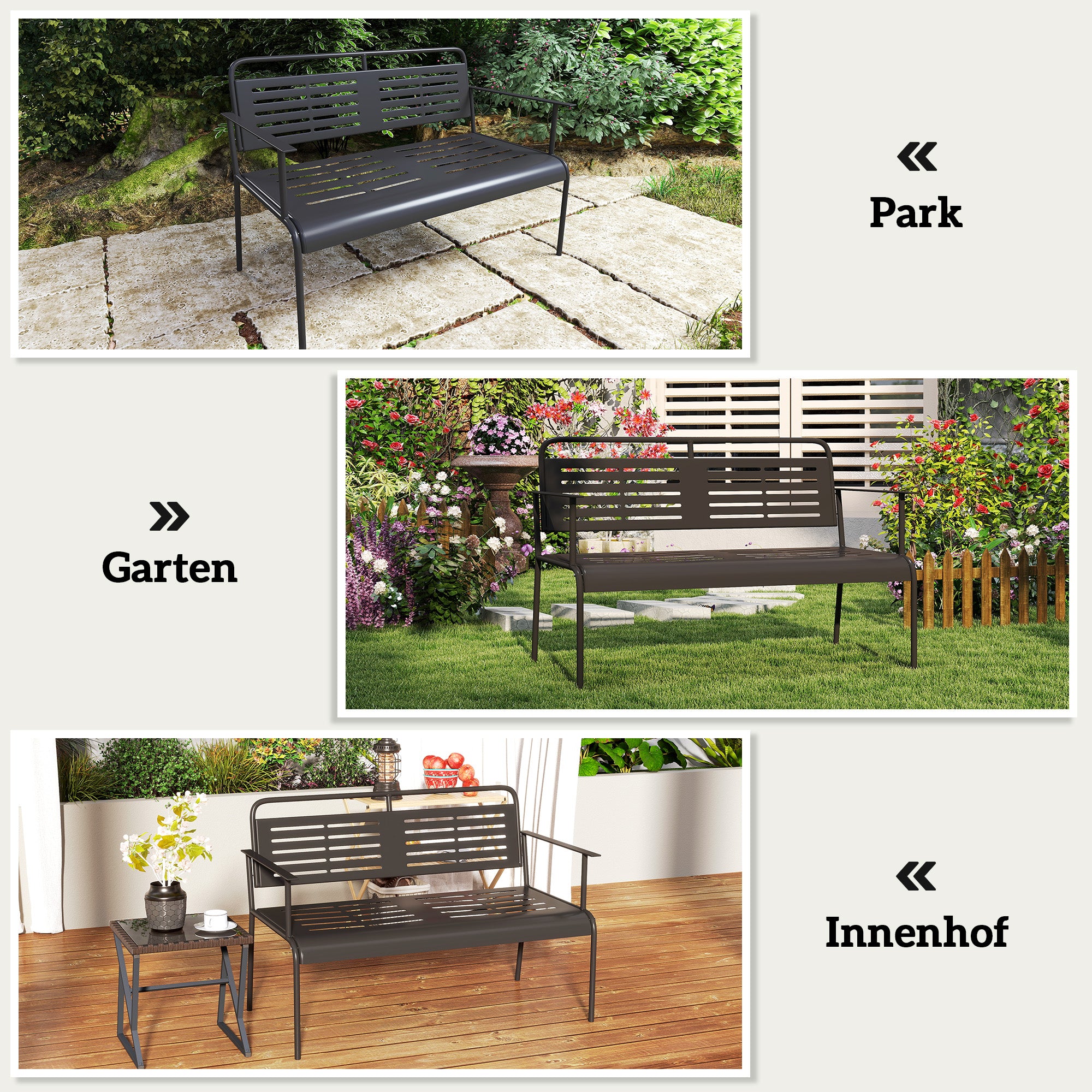 Outsunny -Sitzer Gartenbank, wetterfest Sitzbank, wasserabweisend Gartenmöbel mit Rücken- & Armlehnen 121 x 64 x 84cm, Schwarz