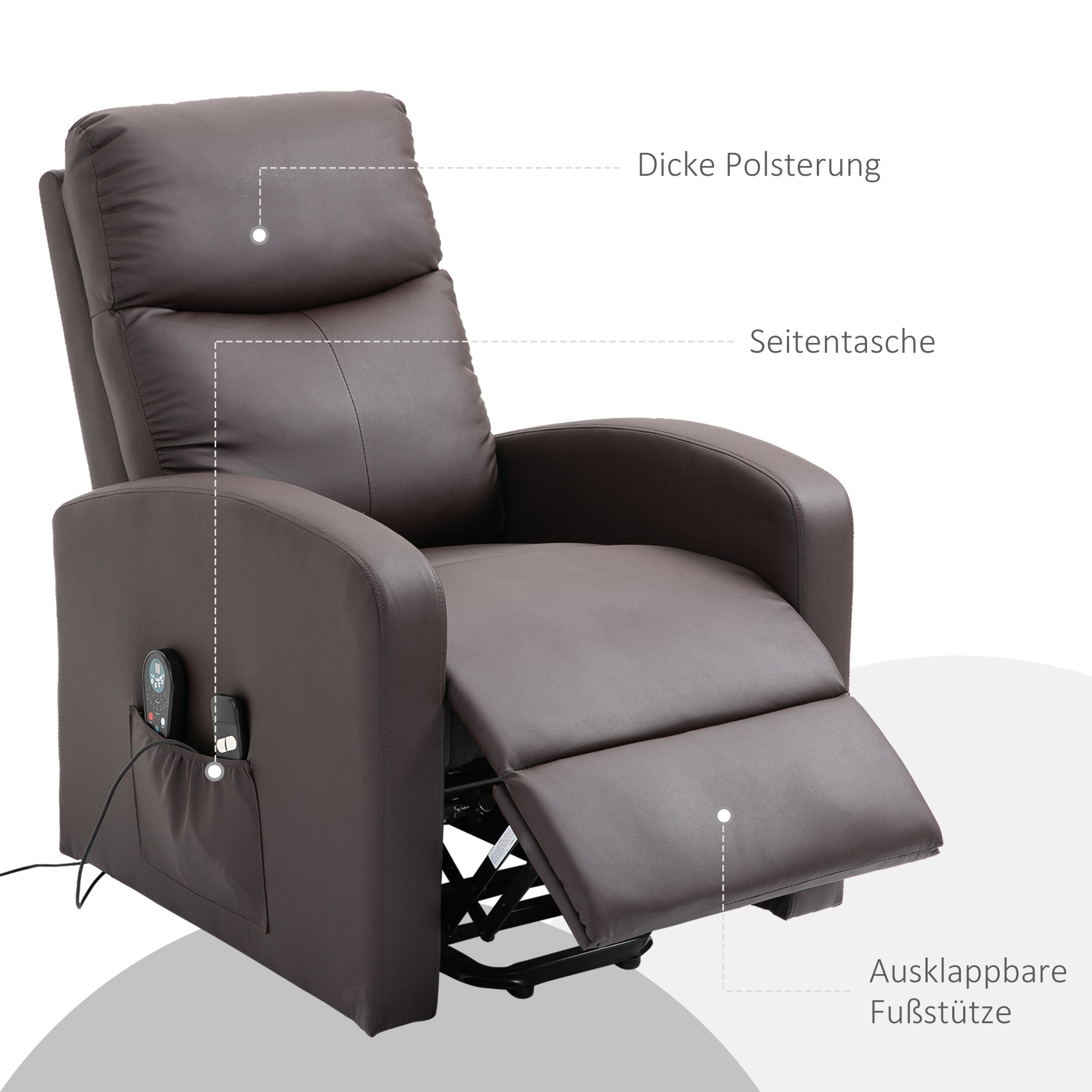 HOMCOM Massagesessel mit Aufstehhilfe, Relaxsessel, Liegesessel, Kopfstütze, 8 Vibrationspunkte, 2 Fernbedienungen, Braun