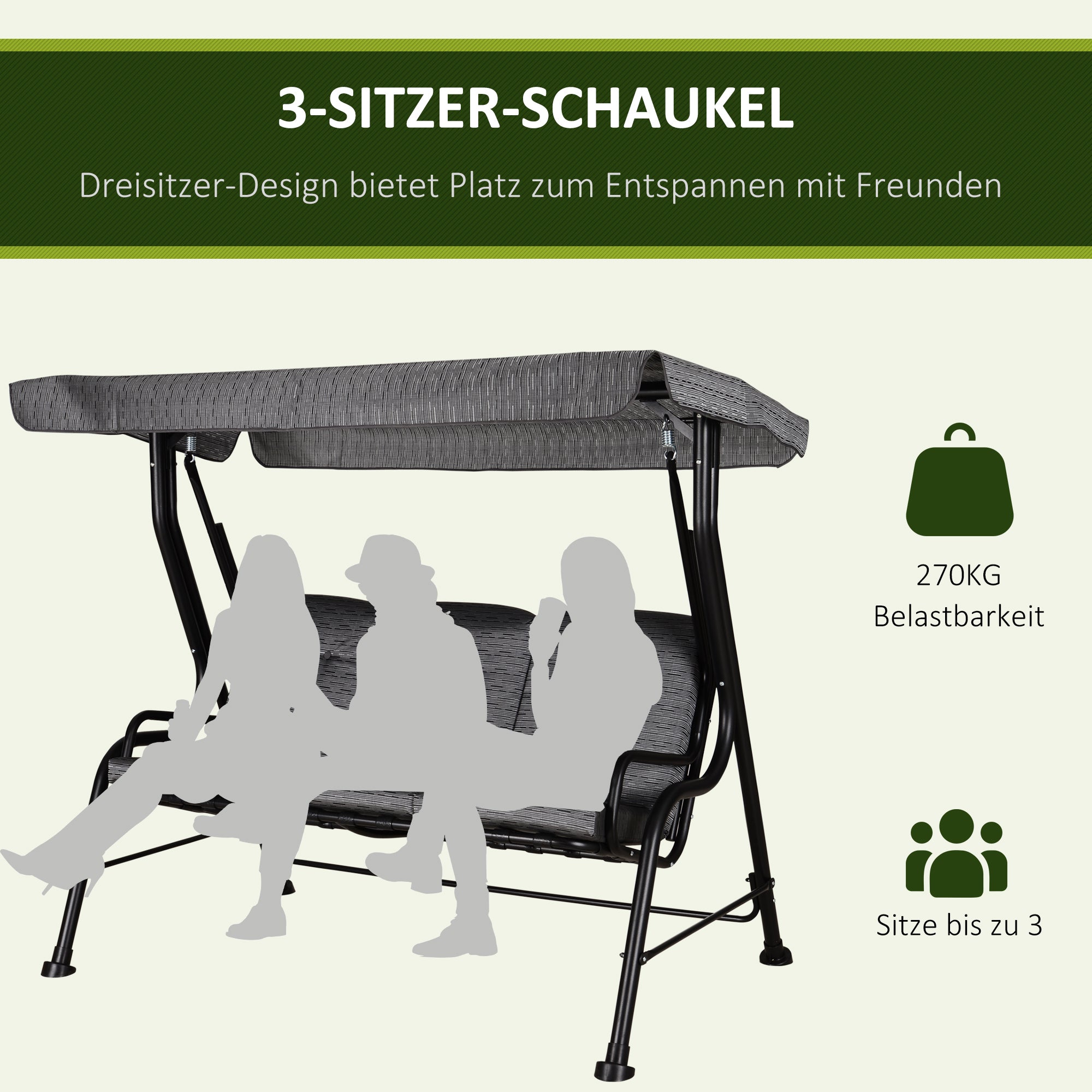 Outsunny Hollywoodschaukel, 3-Sitzer Gartenschaukel, Verstellbares Sonnendach, Texteline Grau 200 x 120 x 170 cm