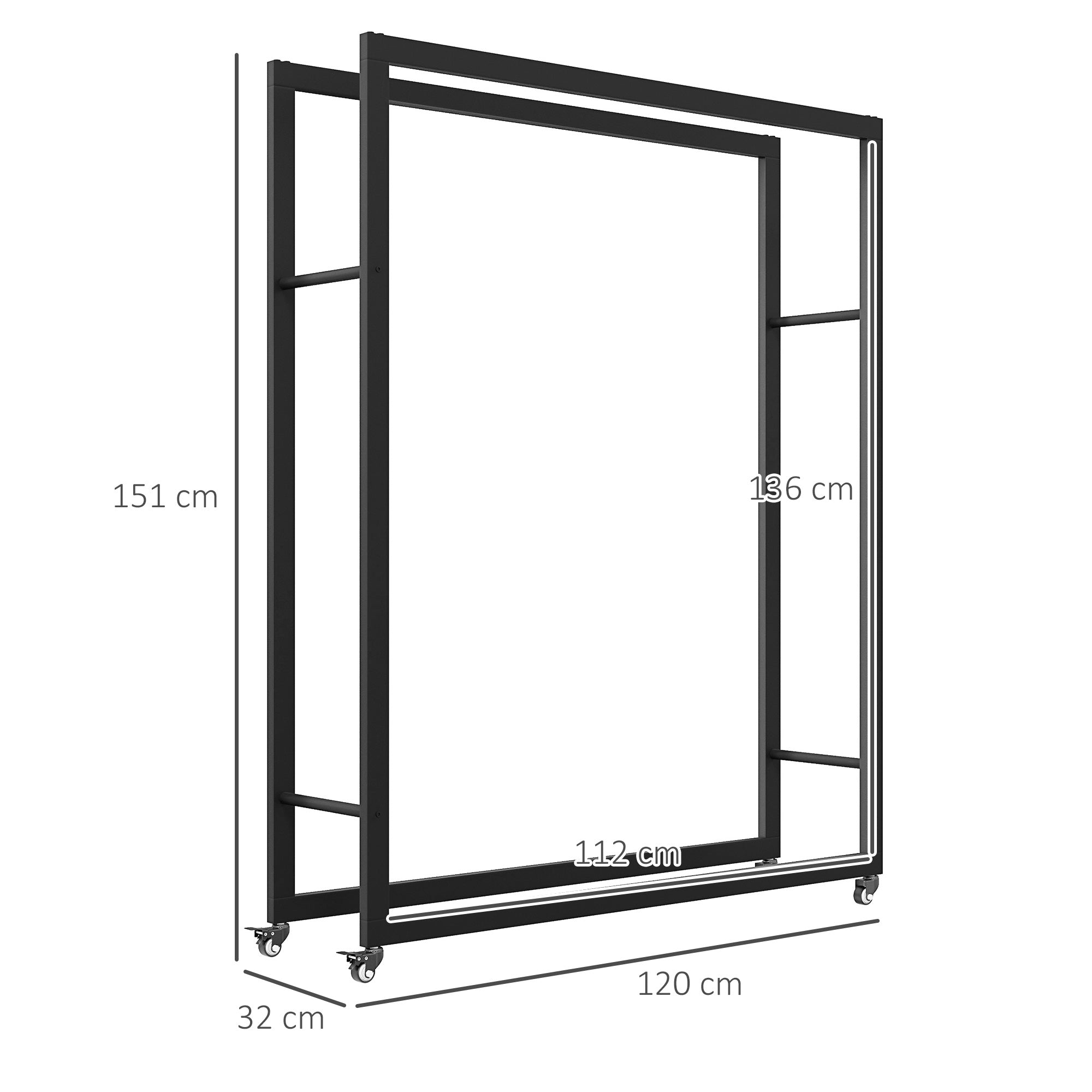 Outsunny Feuerholzgestell mit Rädern, mobil, Metallrahmen, bis 150 kg, 120 x 32 x 151 cm, schwarz