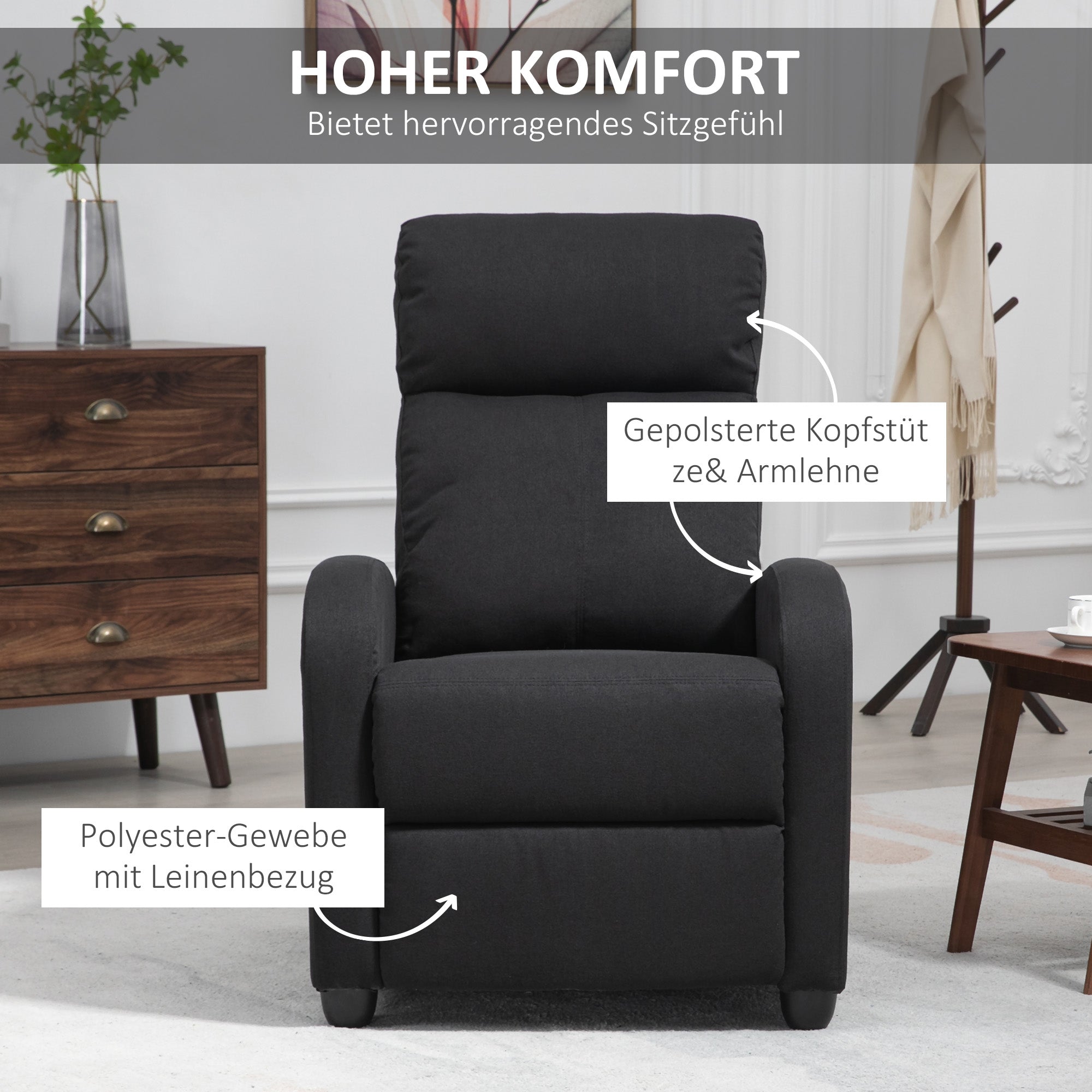 HOMCOM Relaxsessel, verstellbar 135°, ausziehbare Fußstütze, gepolsterte Lehnen, Leinen-Polyester, Schwarz