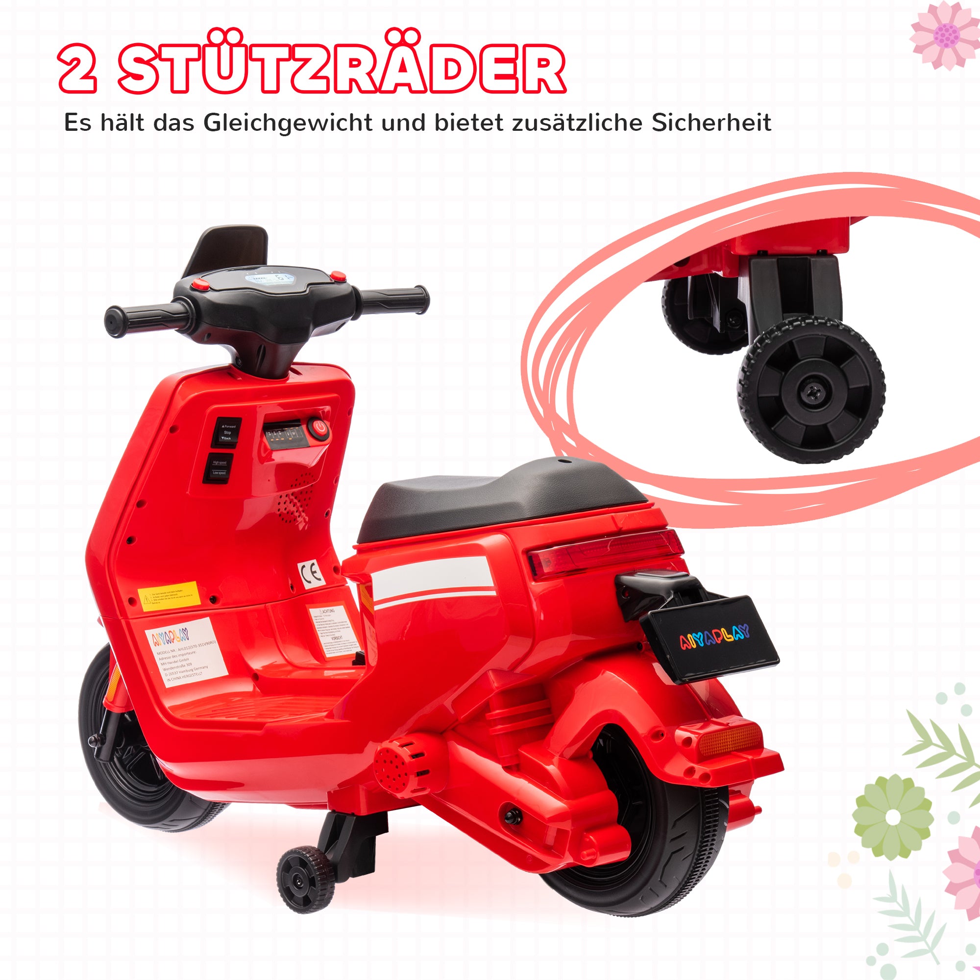 AIYAPLAY 6V Elektro-Motorrad für Kinder, mit Scheinwerfer und Musik, Vor- und Rückwärtsgang, Trainingsräder, 18-36 Monate, Rot