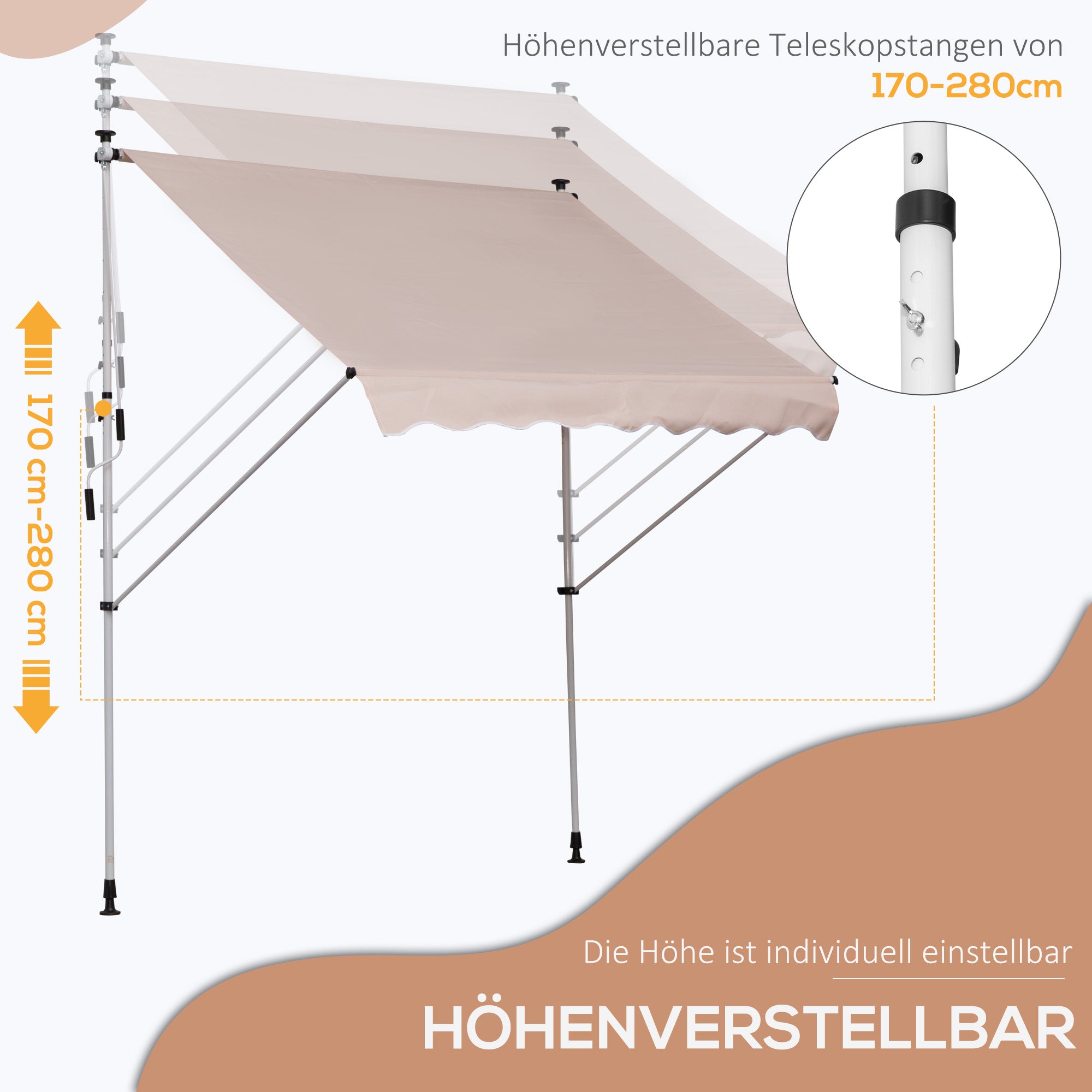 Outsunny Klemmmarkise mit Handkurbel höhenverstellbar Gelenkarmmarkise schmutzabweisend, witterungsbeständig Balkonmarkise 150cm breit Terrassenmarkise für Terrasse Balkon Veranda Cremeweiß