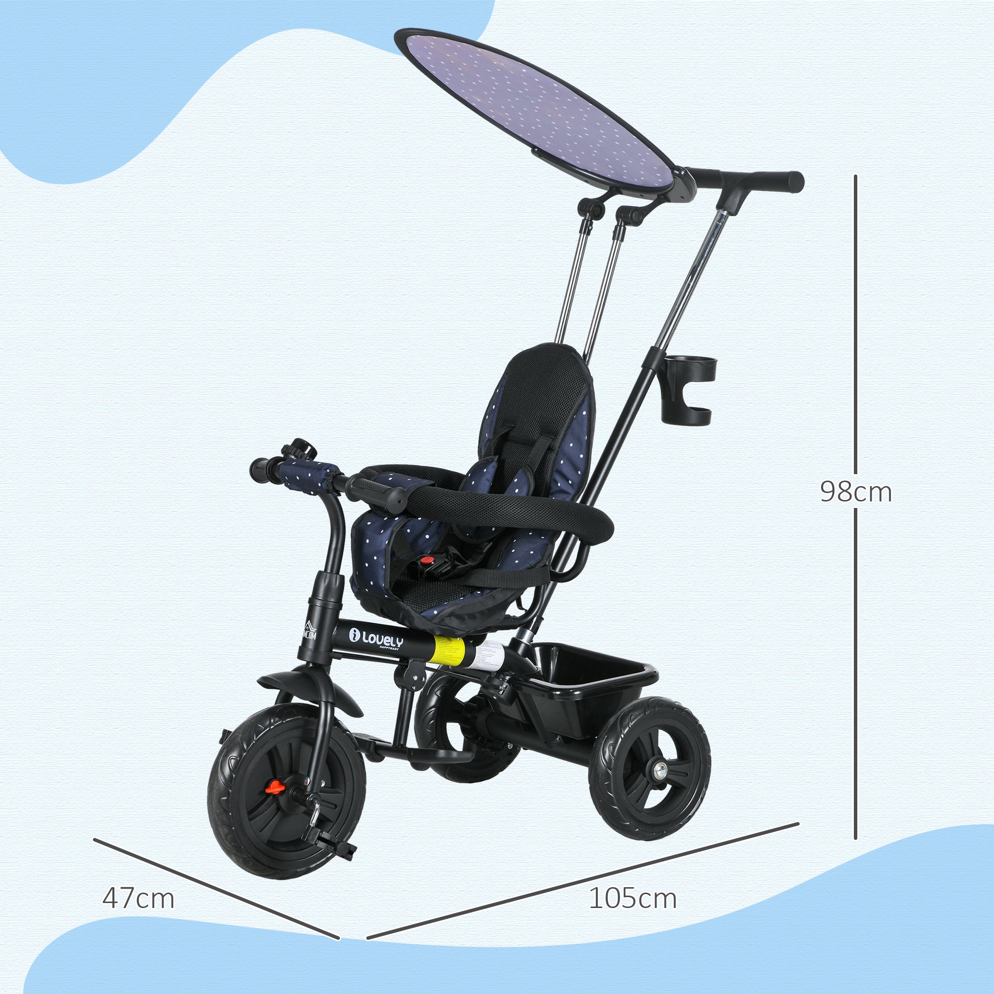 HOMCOM 6-in-1 Kinderdreirad mit Schiebestange, Dach, Gurt, Ablagekorb, für 1-5 Jahre, Dunkelblau
