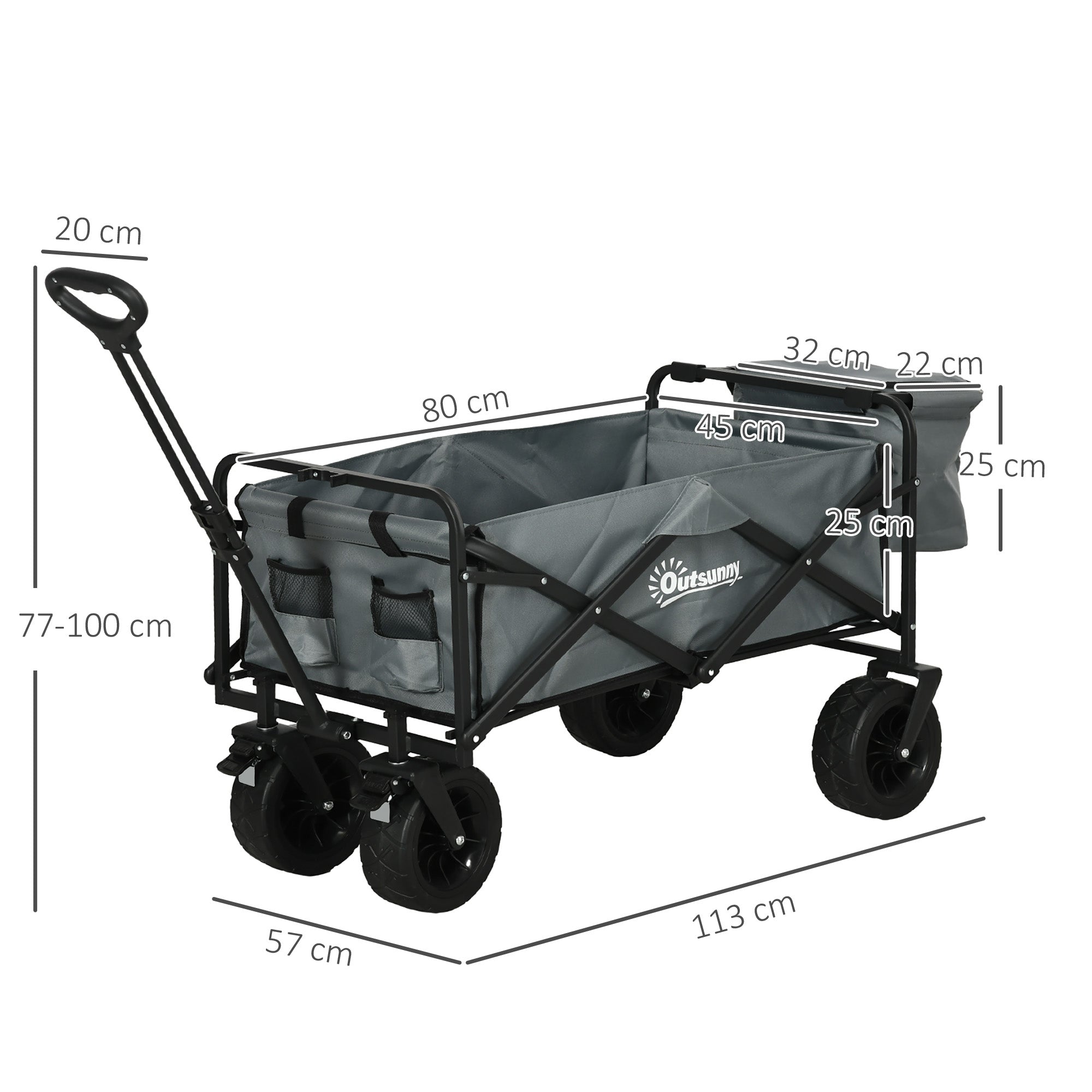 Outsunny Bollerwagen mit Kühltasche, klappbar, Stahlrahmen, bis 100 kg, 113x57x77-100 cm, Dunkelgrau