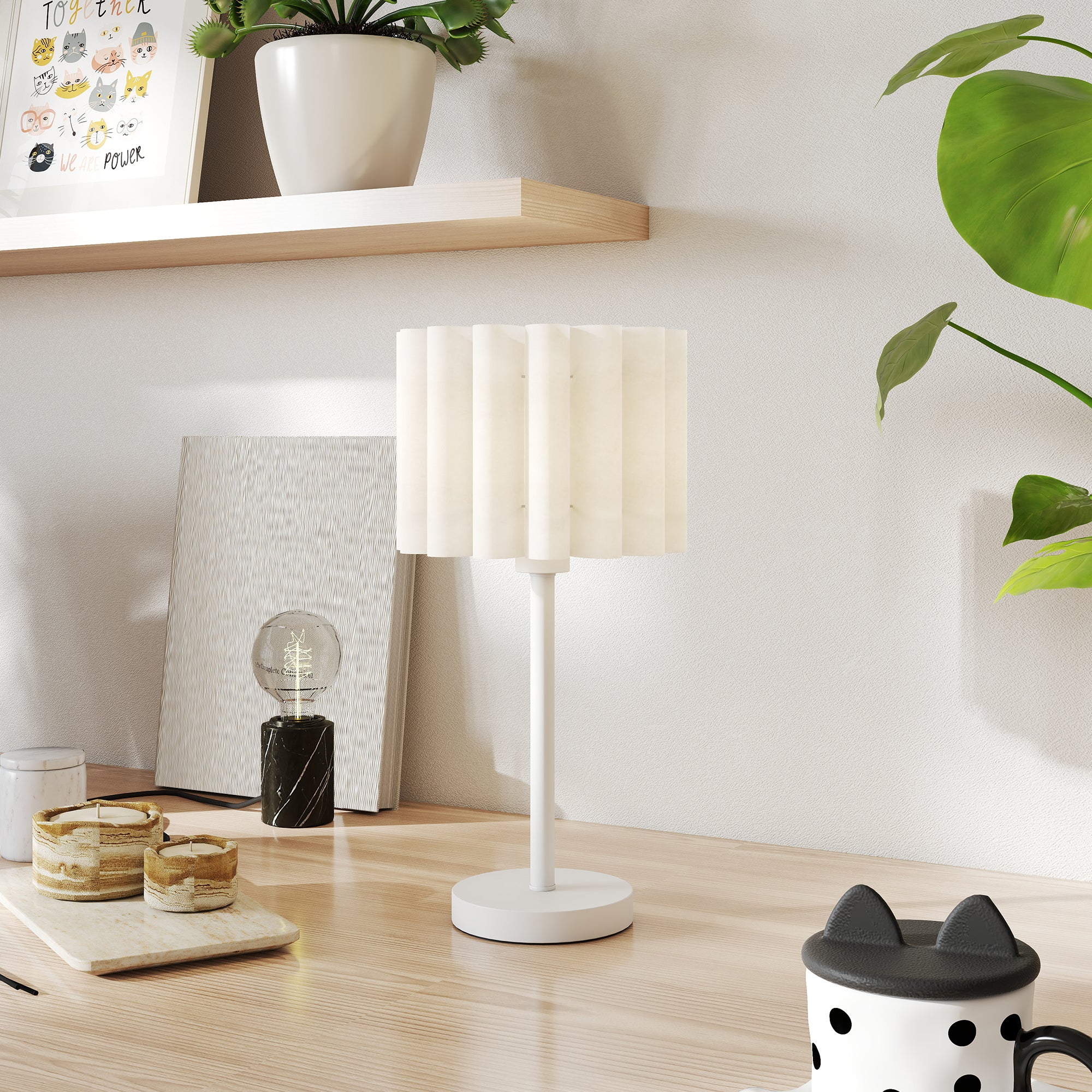 HOMCOM Tischlampe im Retro-Stil, Nachttischlampe, Kunststoff-Schirm, Knopfschalter, Weiß