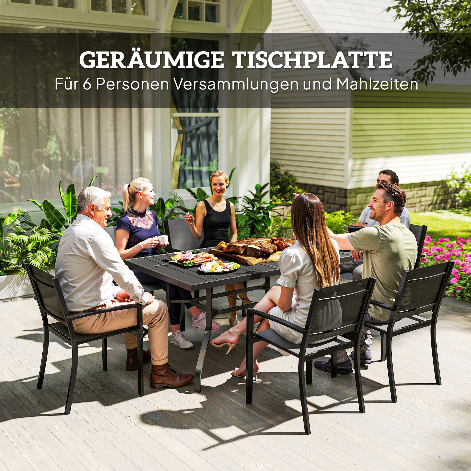 Outsunny Gartentisch 152x90 cm, Wetterfest Balkontisch aus Stahl, Beistelltisch mit Schirmloch, Latten-Design Schwarz