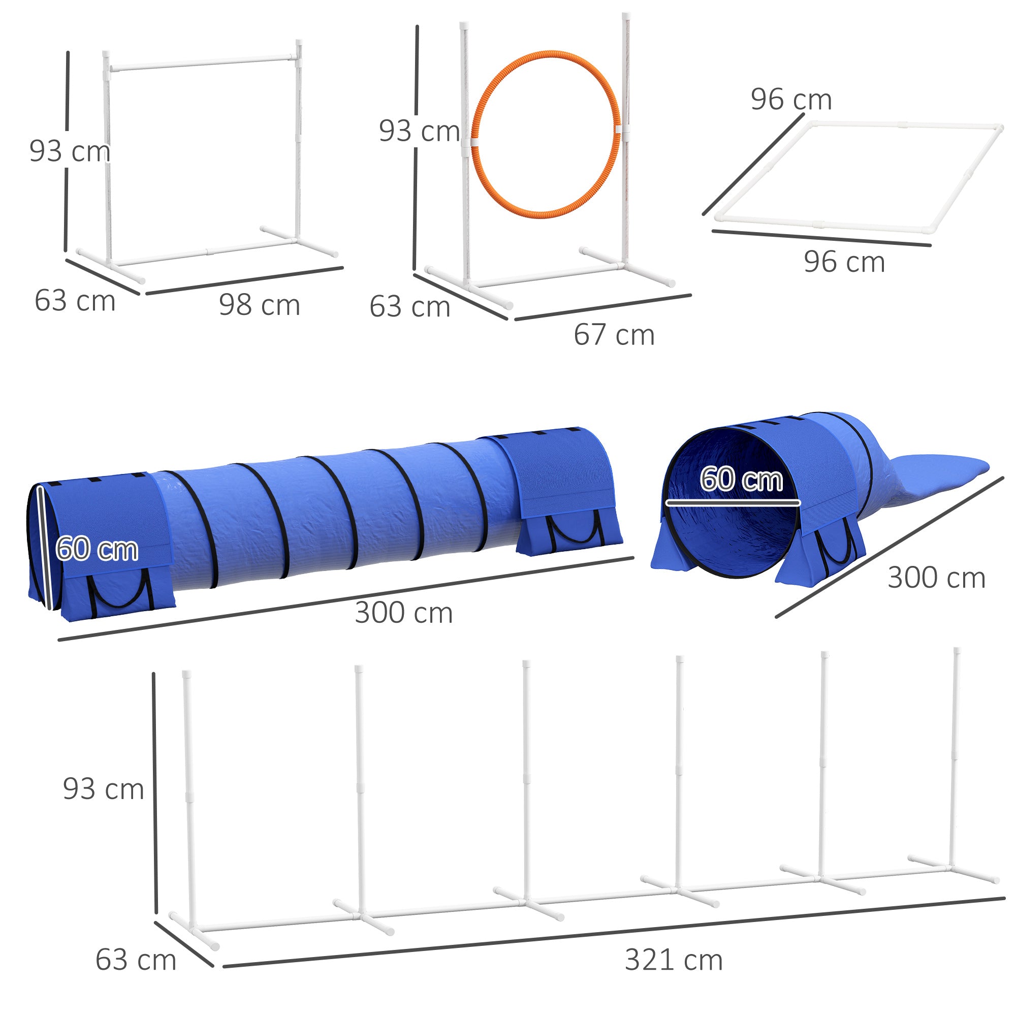 PawHut Hunde-Agiliy-Set Hundeparcours, 1 Reifen,  2 Tunnel 2 Hürden, 321 cm x 63c m x 93 cm, Blau + Rot+ Weiß