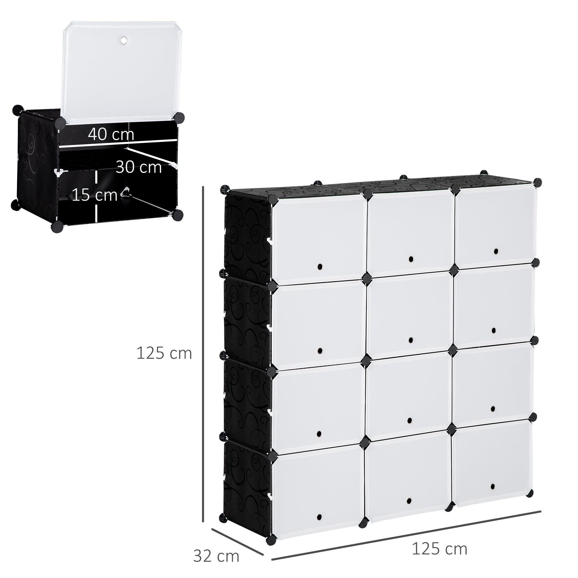 HOMCOM Modulares Regalsystem, Steckregal, zusammensetzbar aus 12 Würfeln 125 x 32 x 125 cm, Kunststoff+Stahl Schwarz
