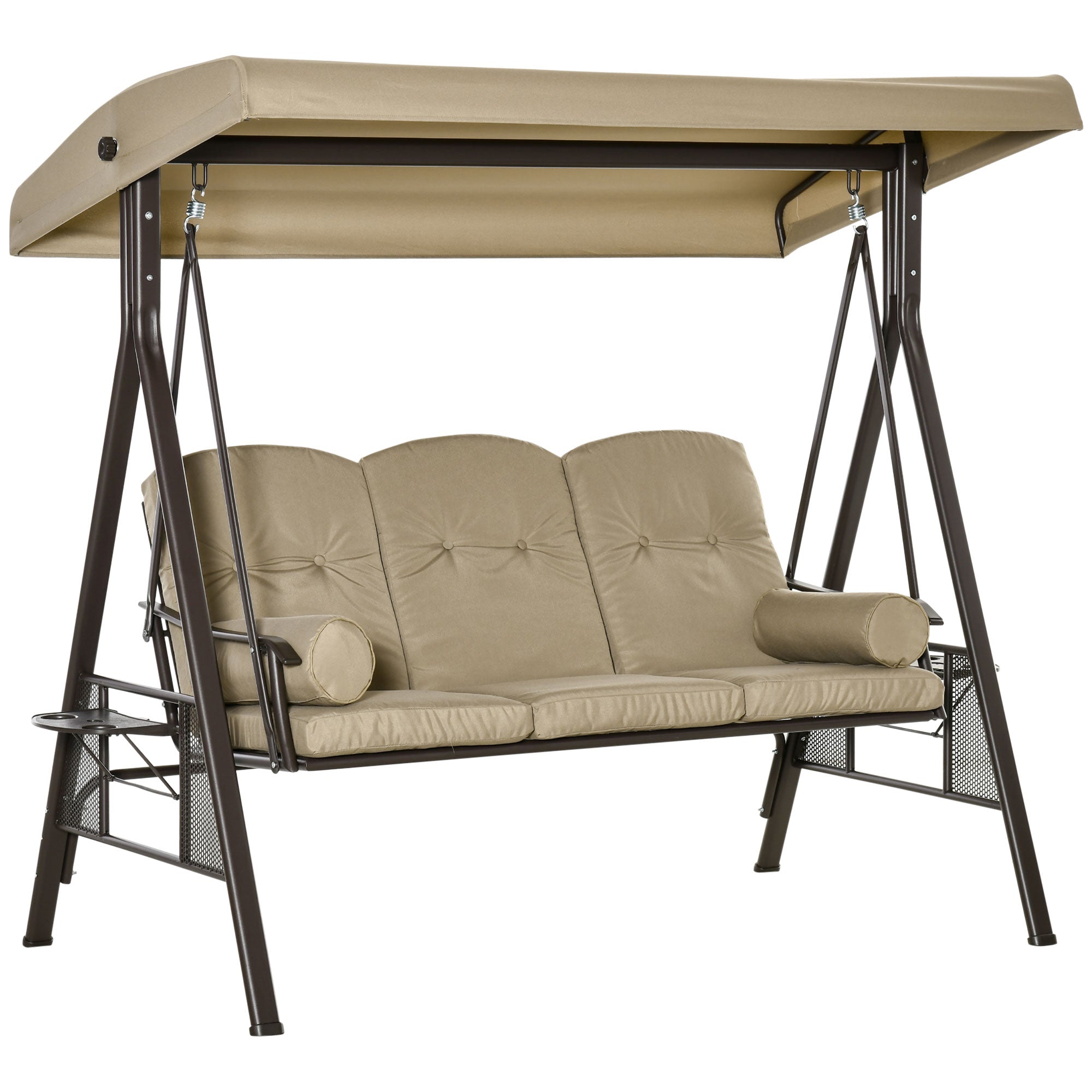 Outsunny 3-Sitzer Hollywoodschaukel Gartenschaukel mit Sonnendach Kissen Metall Polyester Khaki 116 x 206 x 183 cm