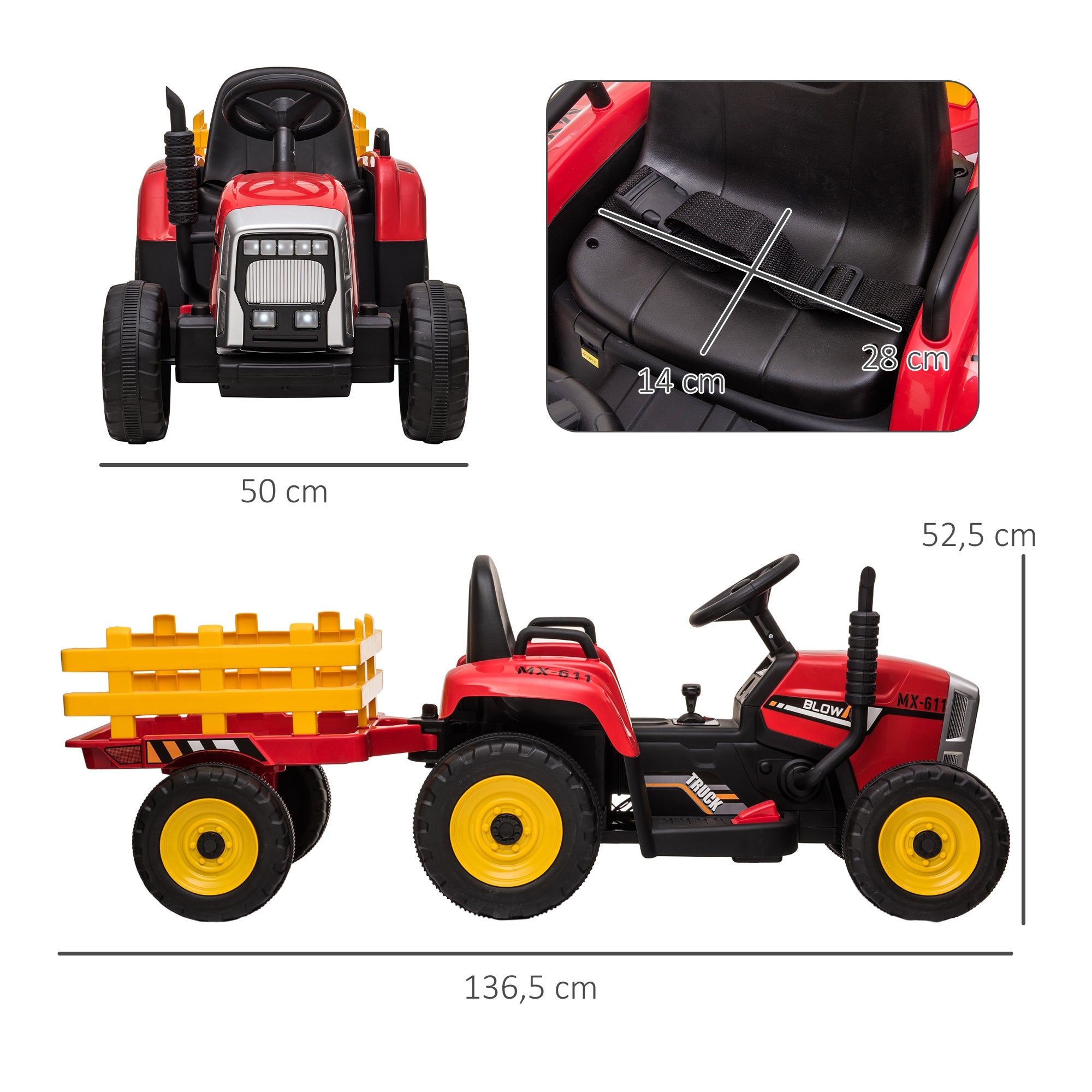 HOMCOM Elektrischen Kinderauto, Kinder-Traktor, inkl. Eltern-Fernbedienung, max. Geschwindigkeit von 6 km/h; Rot + Schwarz