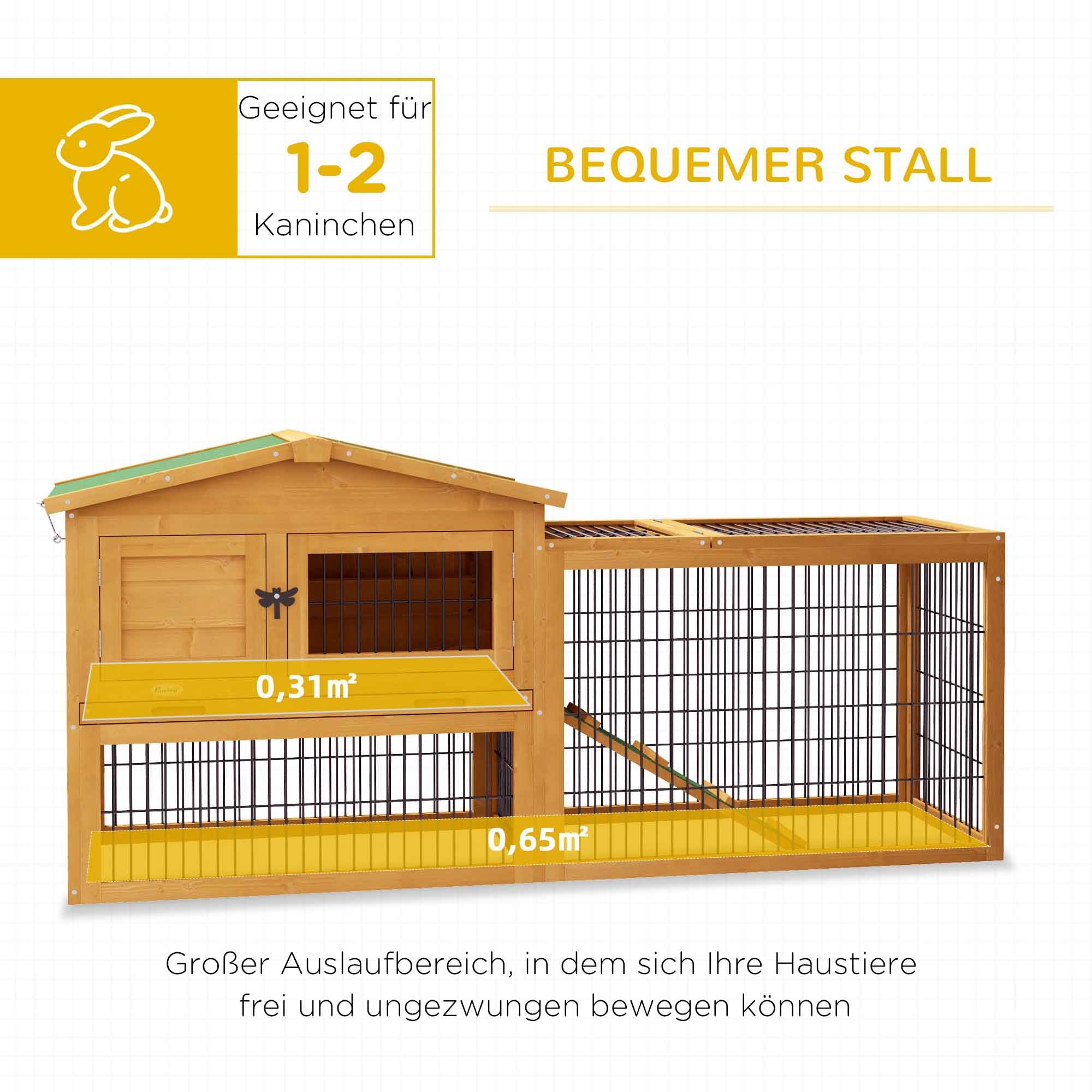 PawHut Hasenstall 2 Ebenen Kaninchenstall Tannenholz Winterfest Doppelstockhaus mit Freilaufgehege Rampe 150x52x68 cm Gelb