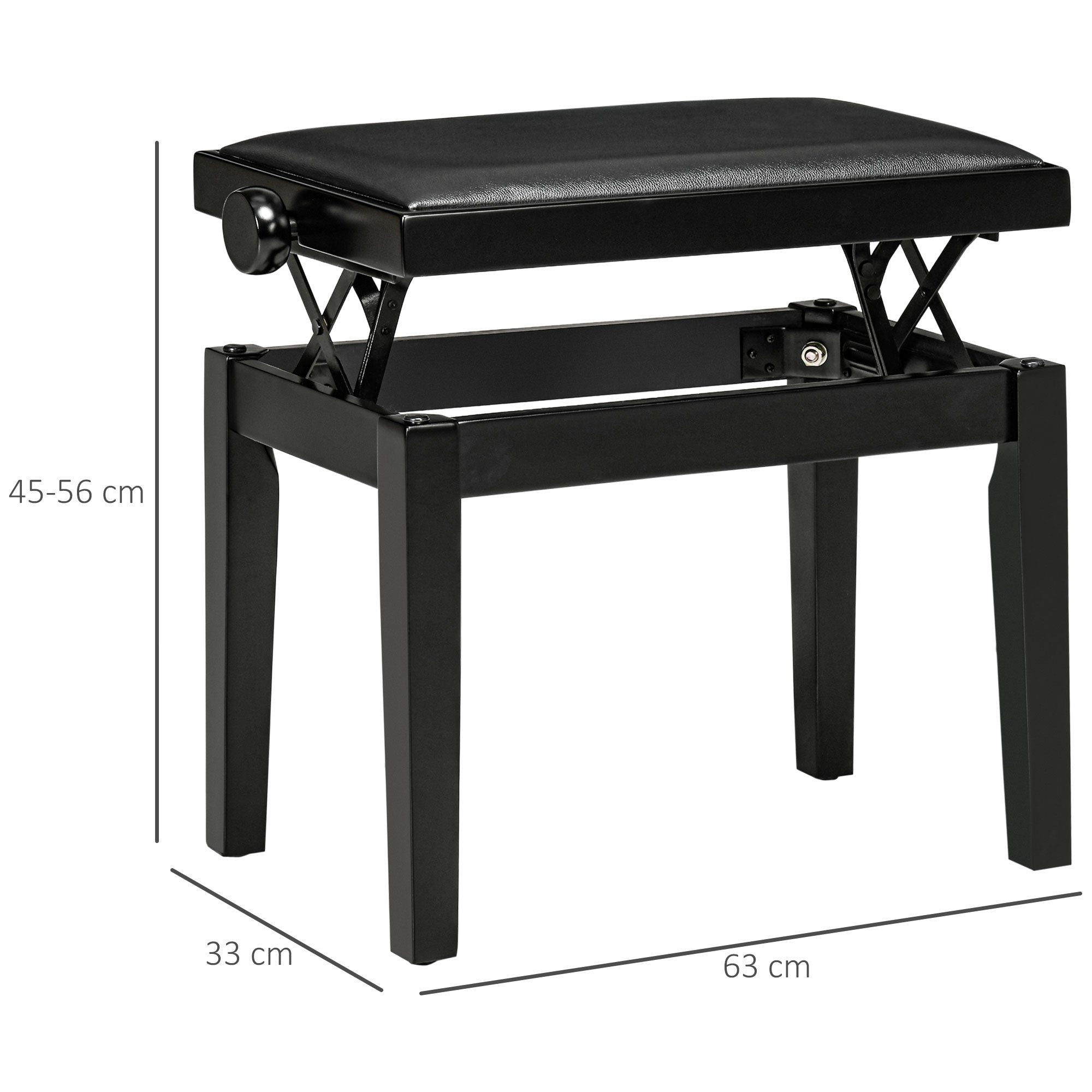 HOMCOM Klavierbank, Pianostuhl, höhenverstellbar, eleganter Hochglanz, Kunstleder+Kautschukholz, schwarz, 63 x 33 x 56cm