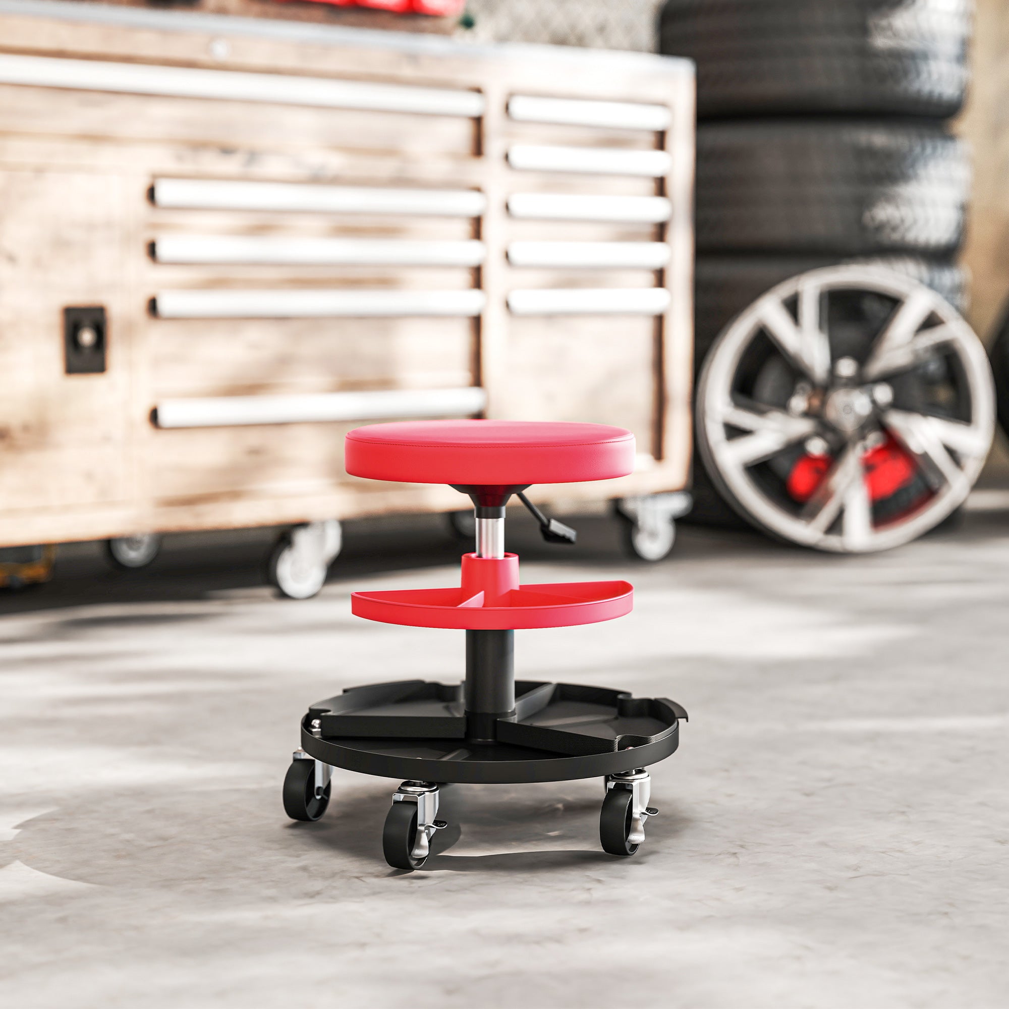 HOMCOM Werkstatthocker mit Rollen Tabletts höhenverstellbar 40-51cm Rollhocker bis 135 kg belastbar Rot