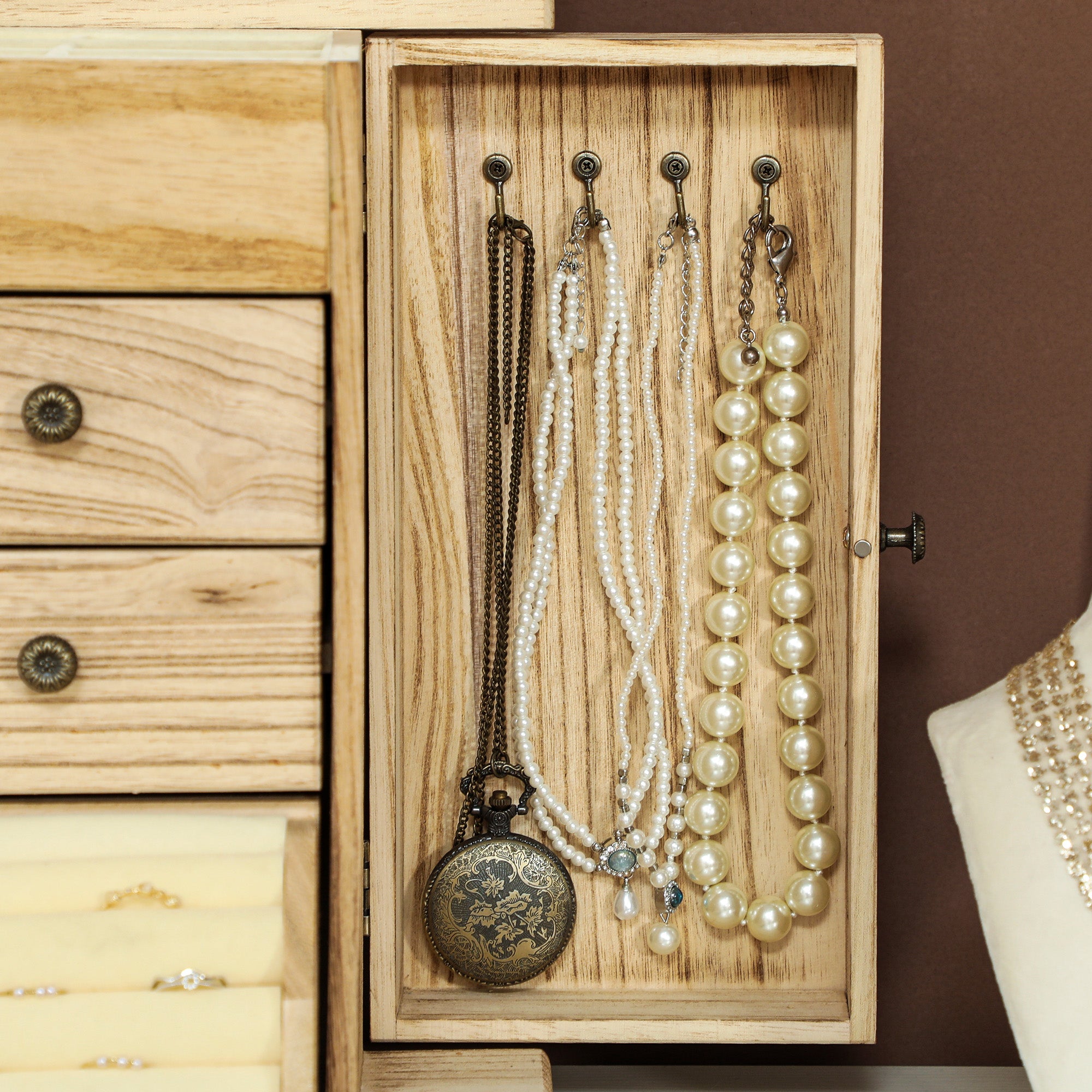 HOMCOM Schmuckbox, Schmuckschatulle, 4-stufiges Layout, integrierter Spiegel, Holz, Braun
