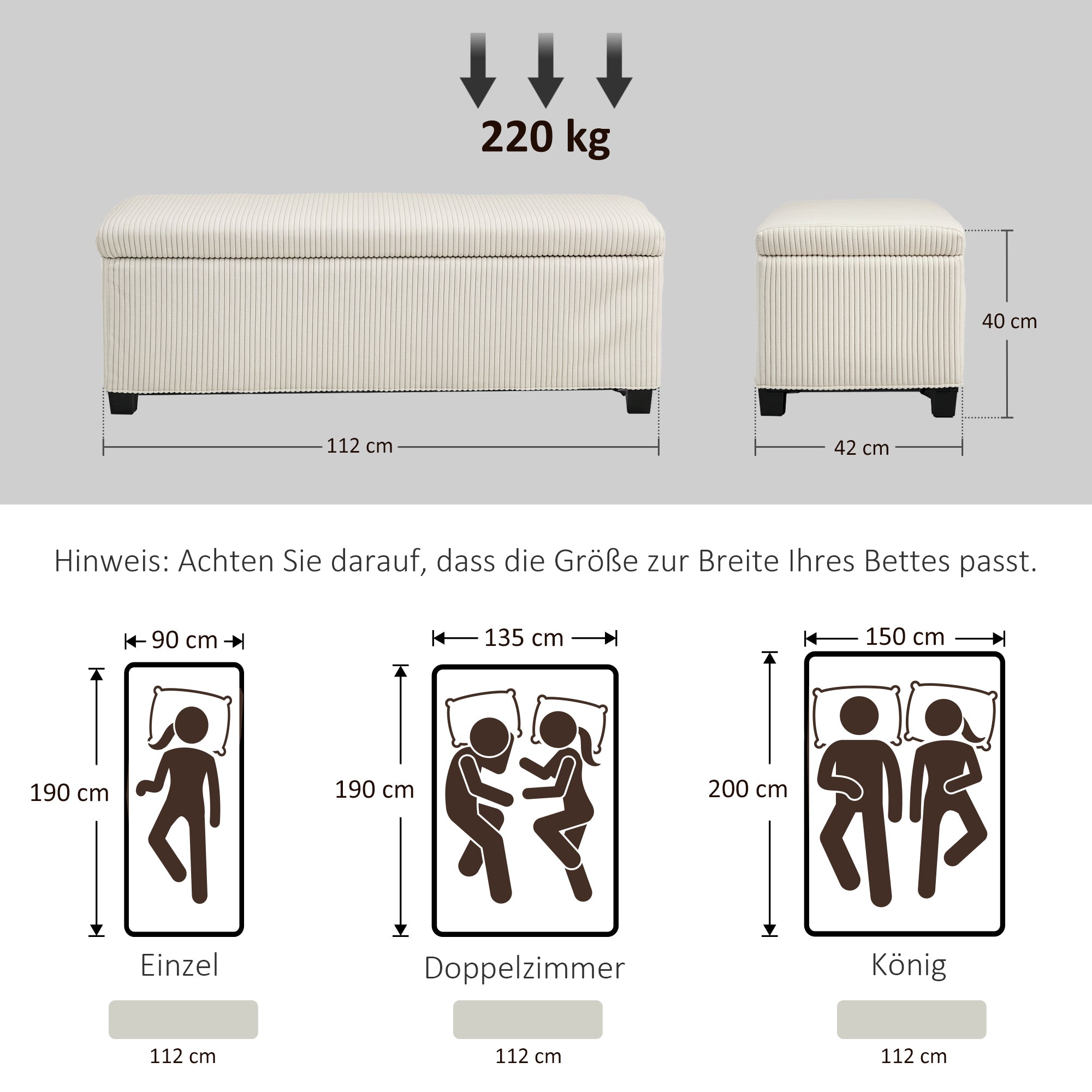 HOMCOM Sitzbank mit Stauraum, Aufbewahrungsbank, Cord-Design, Stahlrahmen, Beige