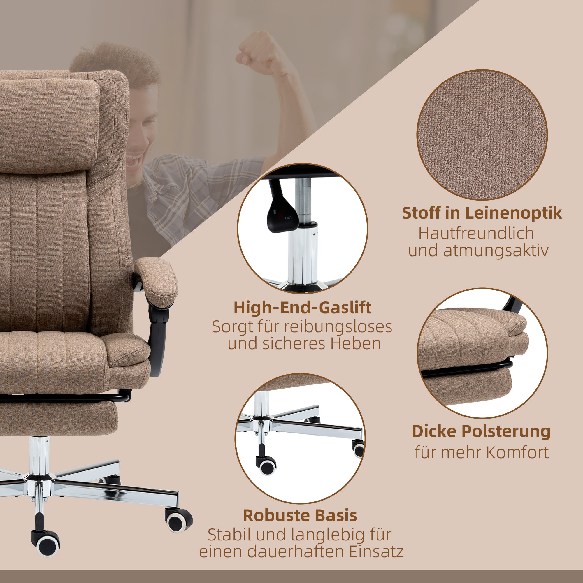 Vinsetto Bürostuhl mit Massagefunktion, neigbare Rücklehne, ausziehbare Fußstütze, Leinenoptik, 65 x 61 x 113 cm, Braun