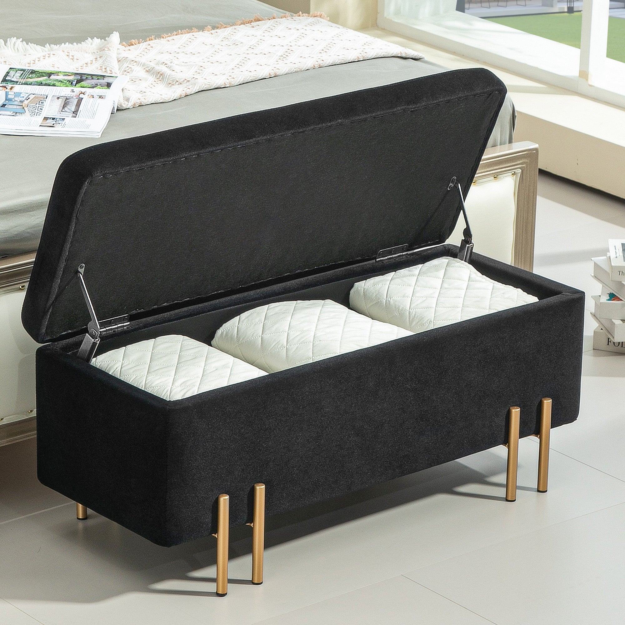 HOMCOM Sitzbank, Polsterbank mit Stauraum, Metall, Kautschukholz, Schaumstoff, 100 x 40 x 42 cm, Schwarz