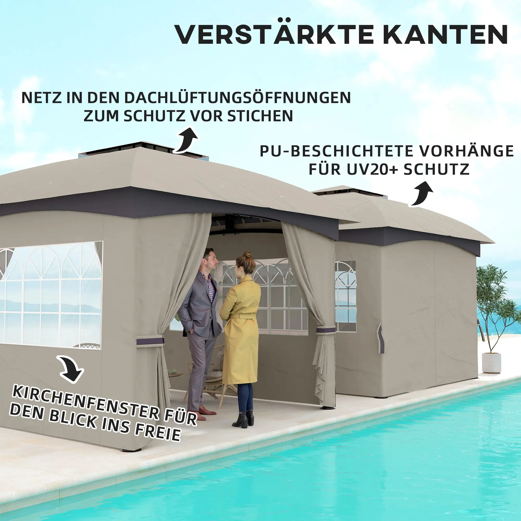 Outsunny 3,4 x 3,4 m Gartenpavillon, Bierzelt mit Lüftungsdach, Bogenfenstern, Stahlgestell, Hellgrau