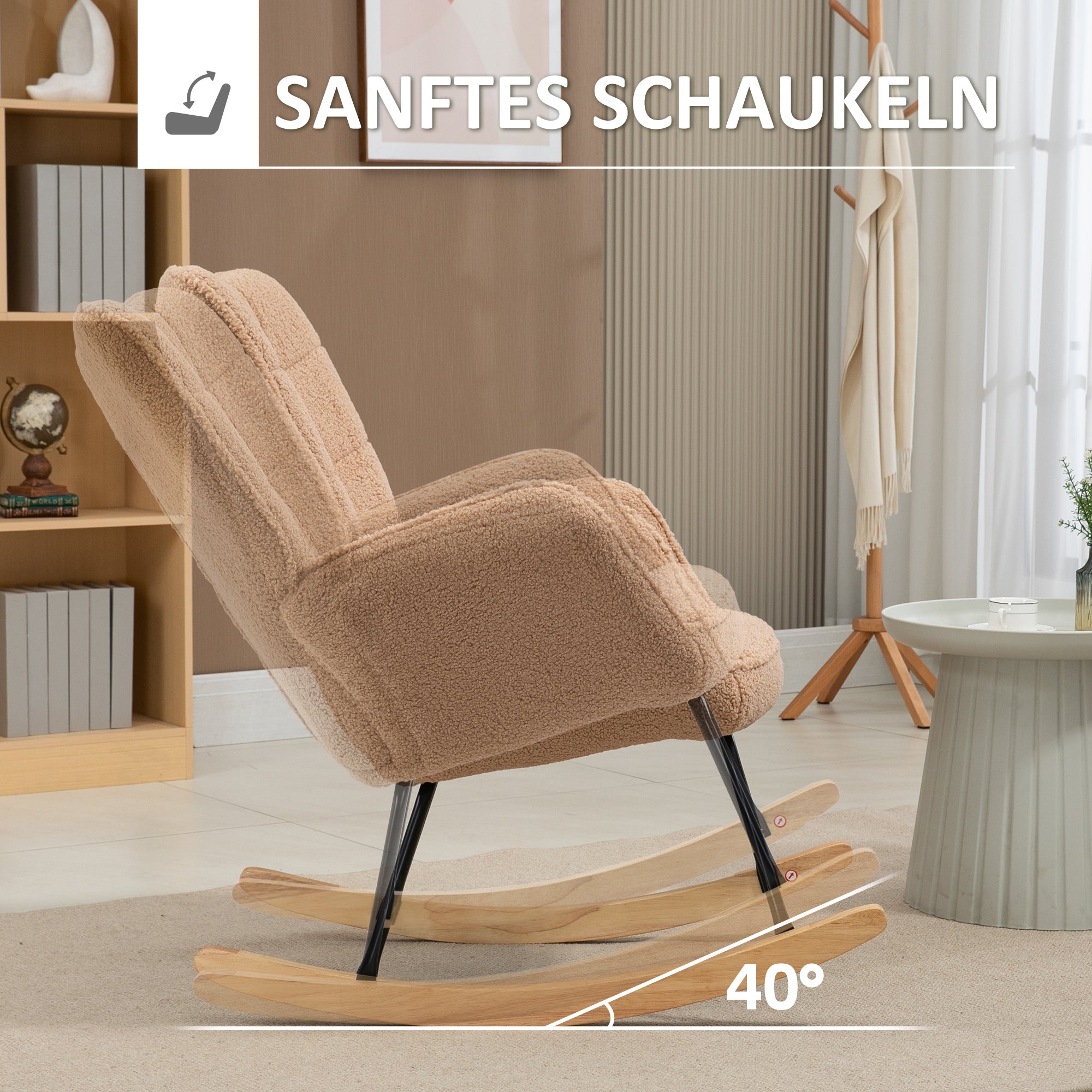 HOMCOM Schaukelstuhl im Retro-Design, Massivholz, Sessel, Relaxsessel, 98 cm x 71 cm x 101 cm, Braun