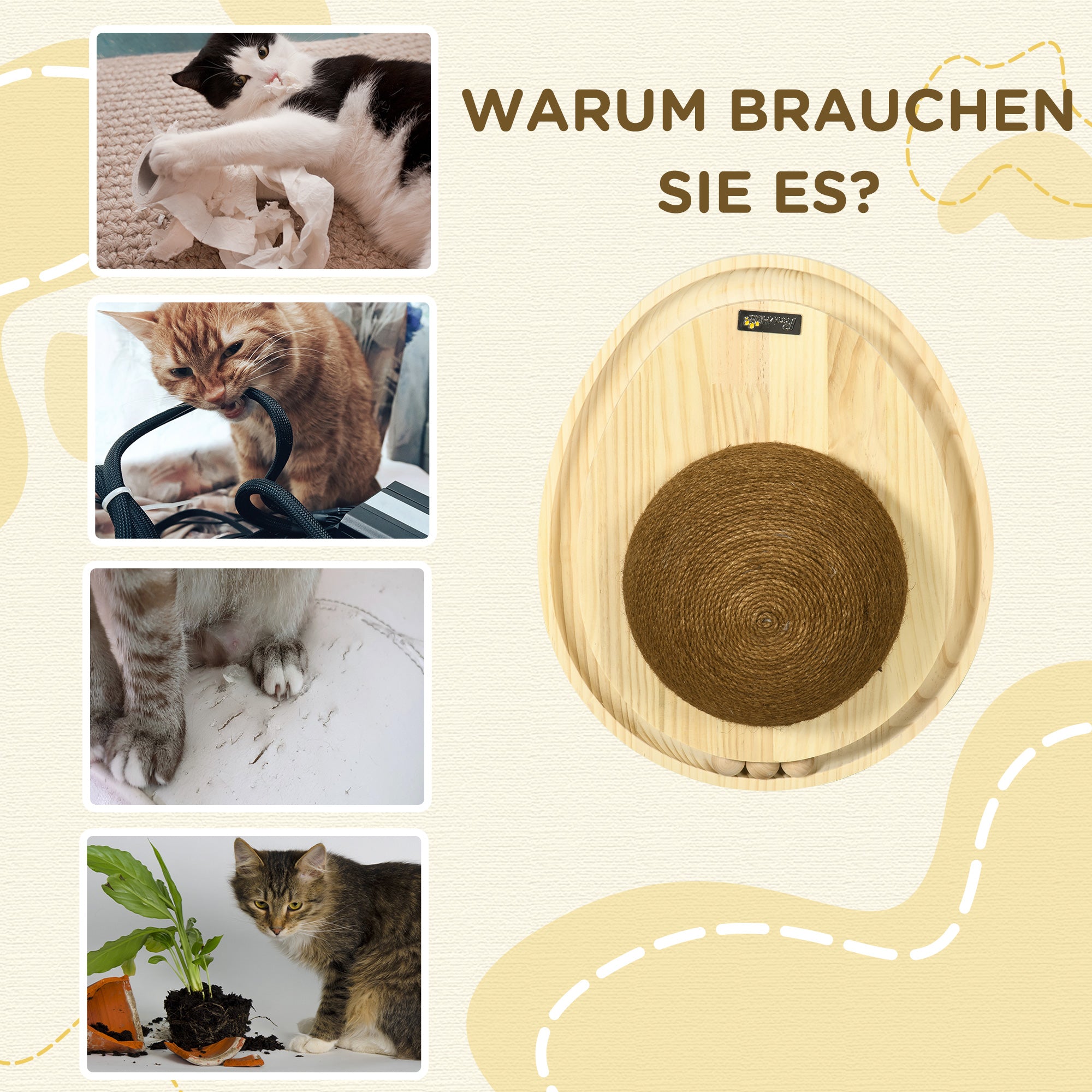 PawHut interaktives Katzenspielzeug, Kratzfläche, ovale Kugelbahn, Kiefernholz, 39,5 x 32,5 x 14,5 cm