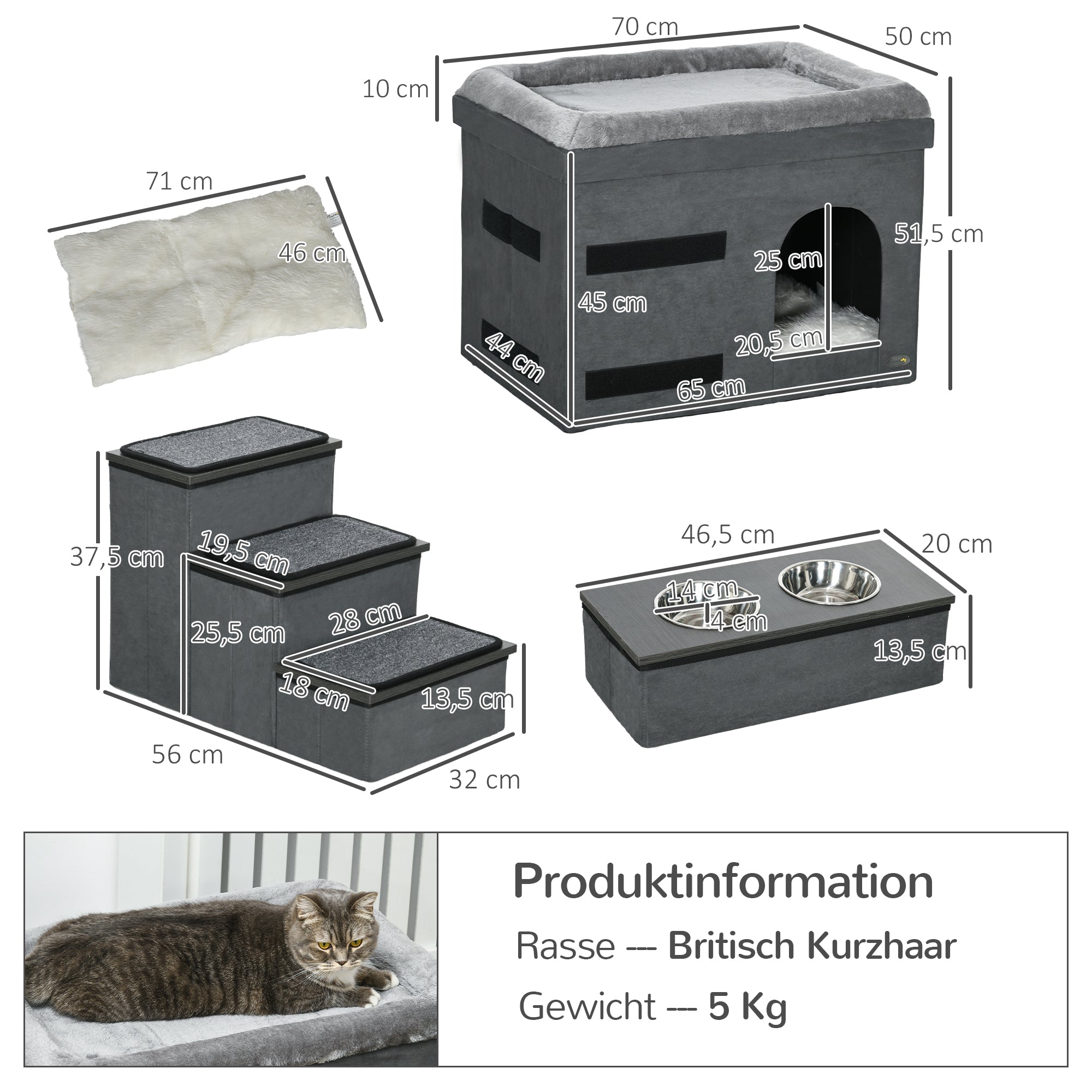 PawHut Katzenhaus Katzenhütte Katzenhöhle, 3 Haustiertreppen, 2 Fressnäpfe, 70 x 50 x 51, cm,  Grau