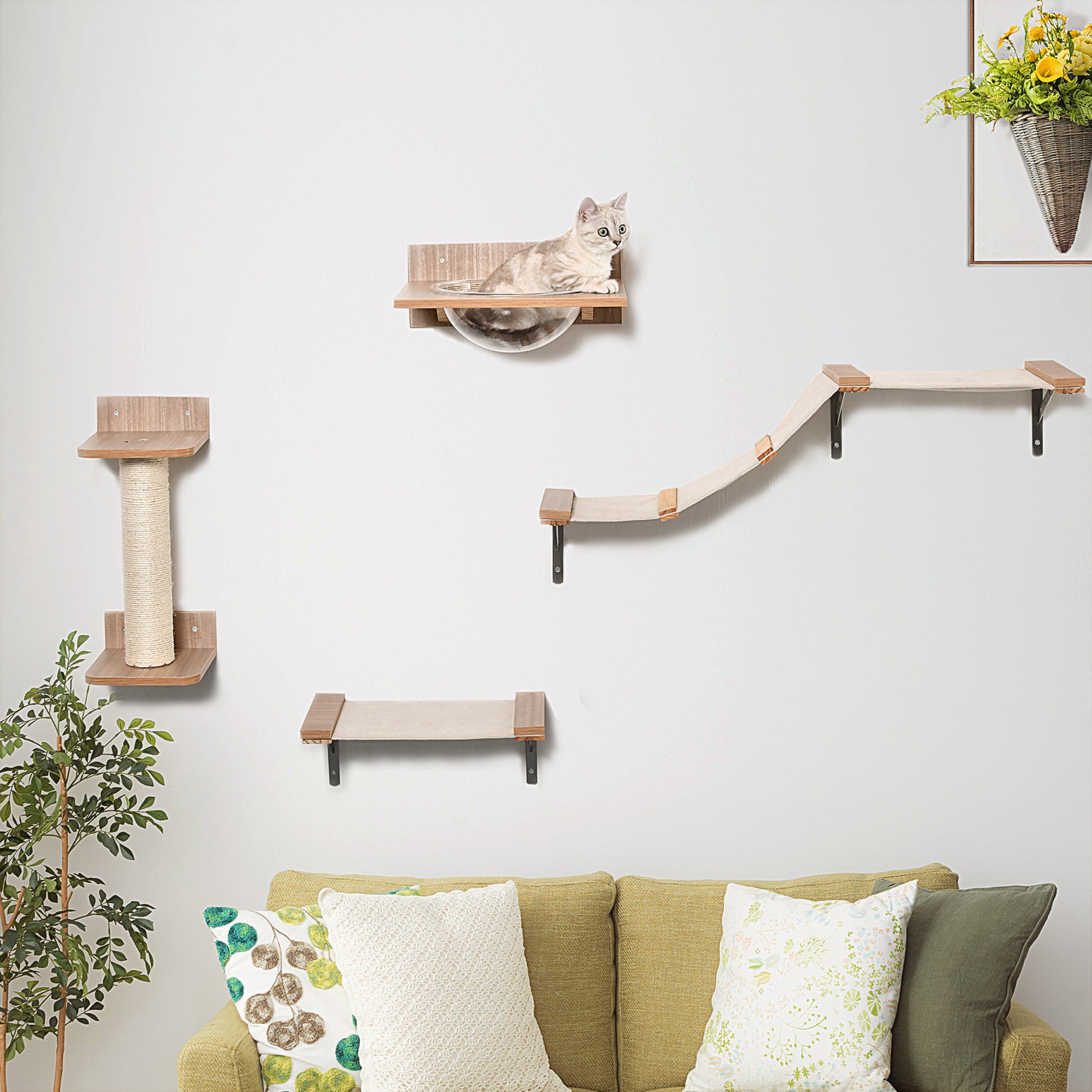 PawHut 4tlg. Kletterwand für Katzen Katzenkletterwand mit Kratzbaum Katzentreppe Katzenmöbel Hängematte Hellbraun Sisal Acryl Kiefer