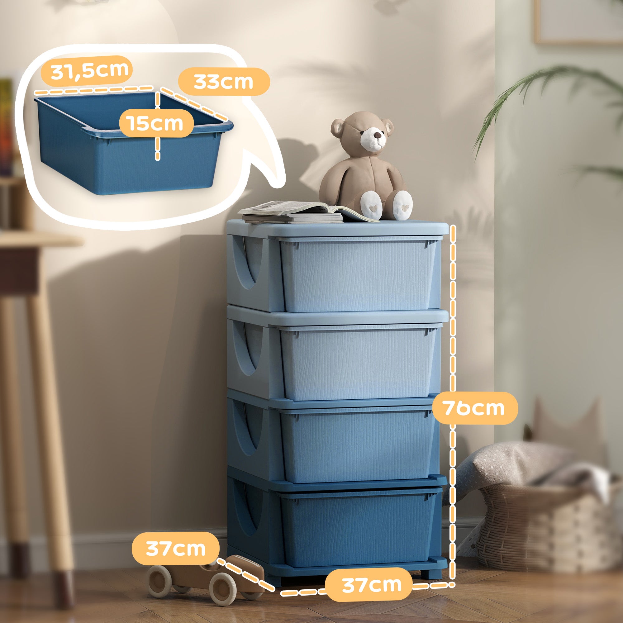 HOMCOM Aufbewahrungsboxen für Kinder, 4 Schubladen, abgerundete Kanten, erhöhtes Design, Kunststoff, Blau