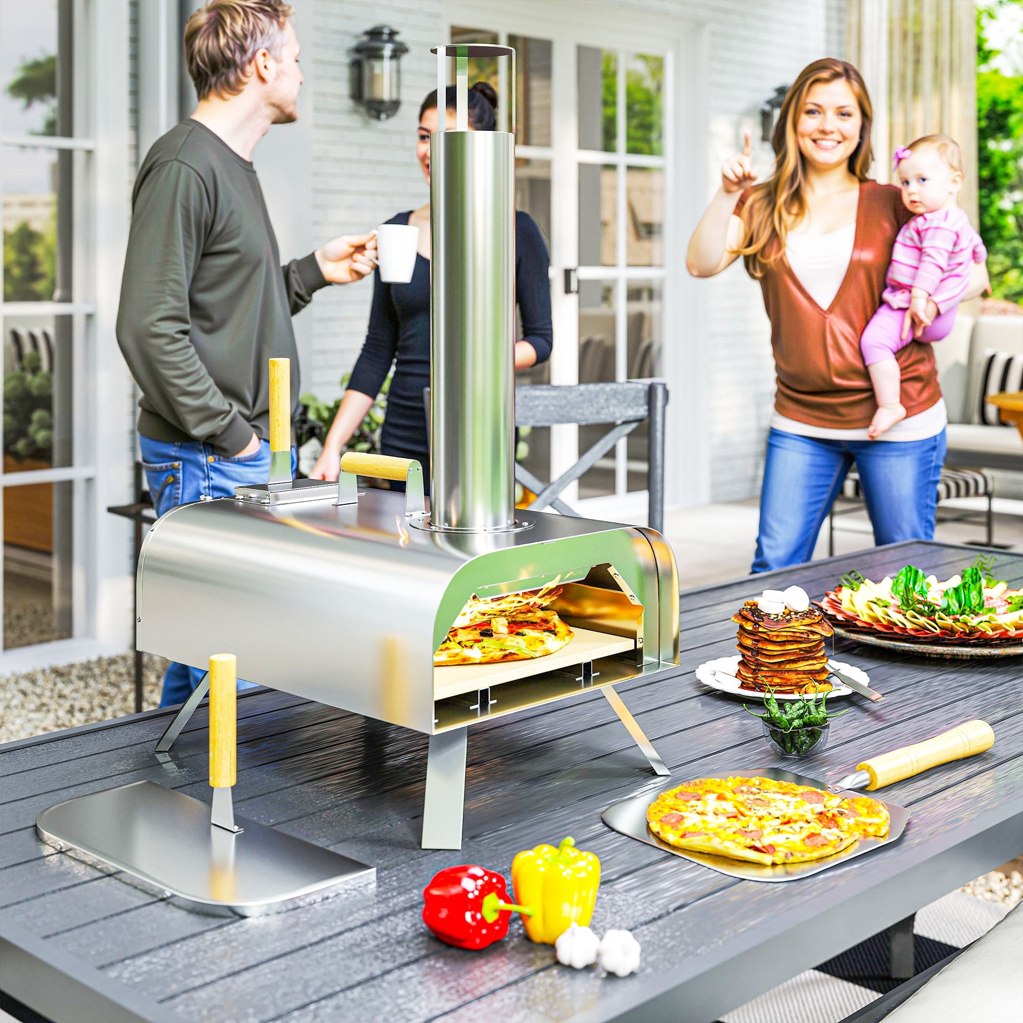 Outsunny Outdoor-Pizzaofen, Tragbarer Pizza-Ofen mit Pizzastein und Schaufel, klappbare Beine, Schornstein, Edelstahl