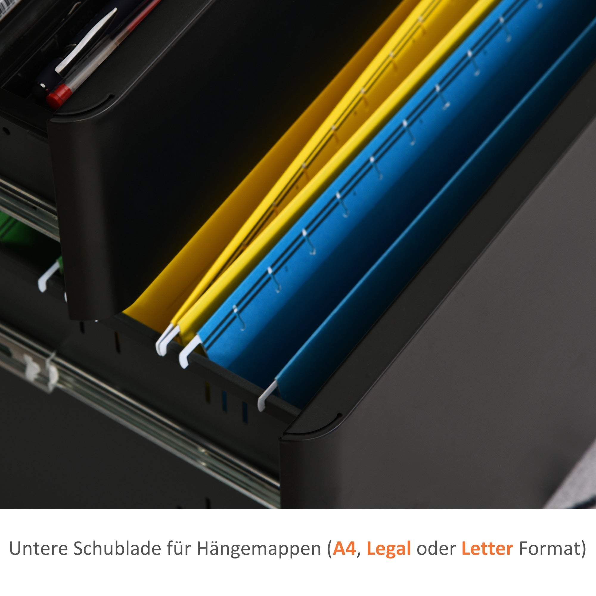 Vinsetto Rollcontainer, mobiler Aktenschrank mit 3 Schubladen, abschließbarer Büroschrank mit Hängeregistratur, Aufbewahrung, Stahl, 39 x 48 x 59 cm Schwarz